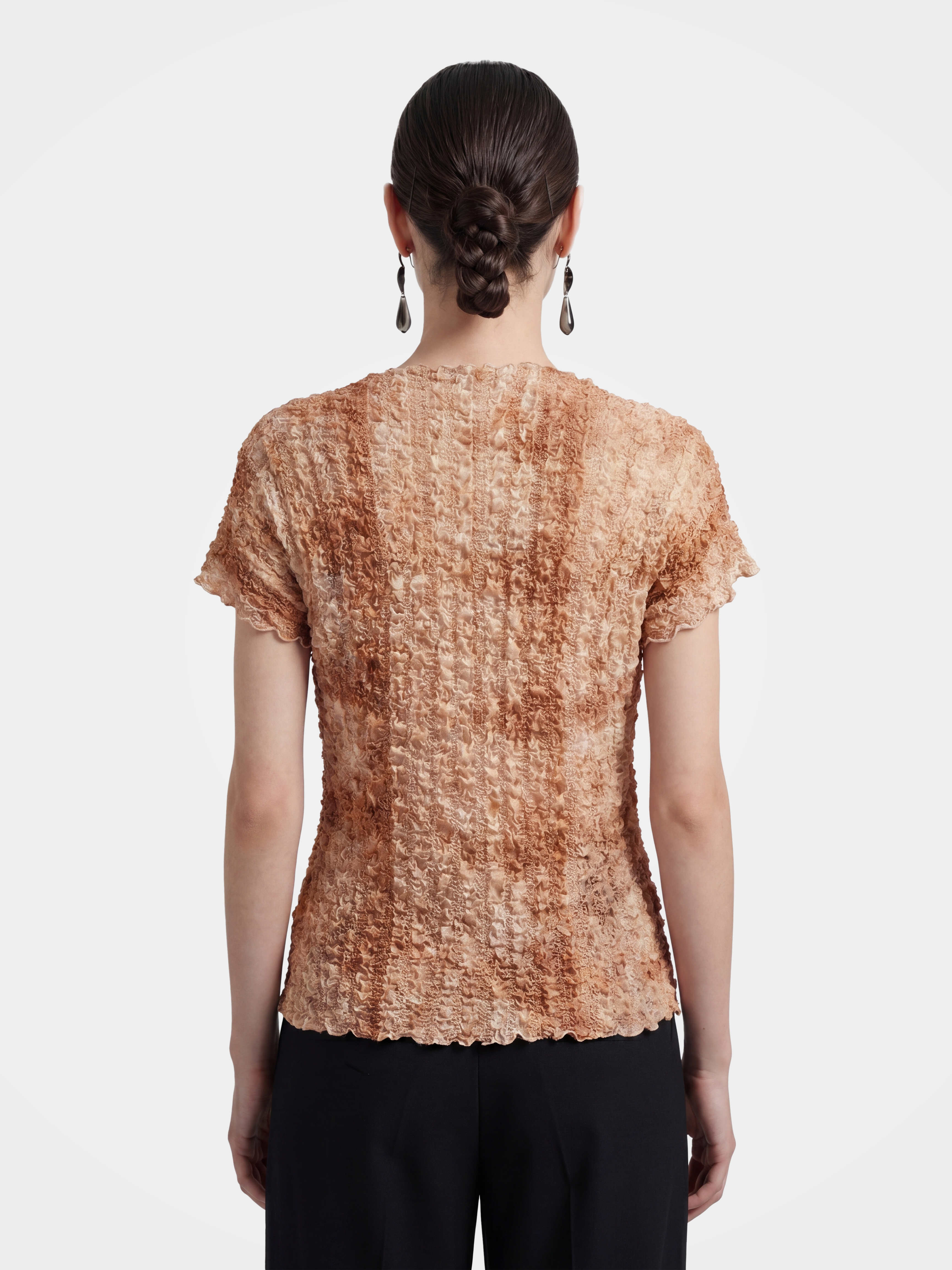 Stretch Mulberry Silk Crinkled Textured Short Sleeve Top
