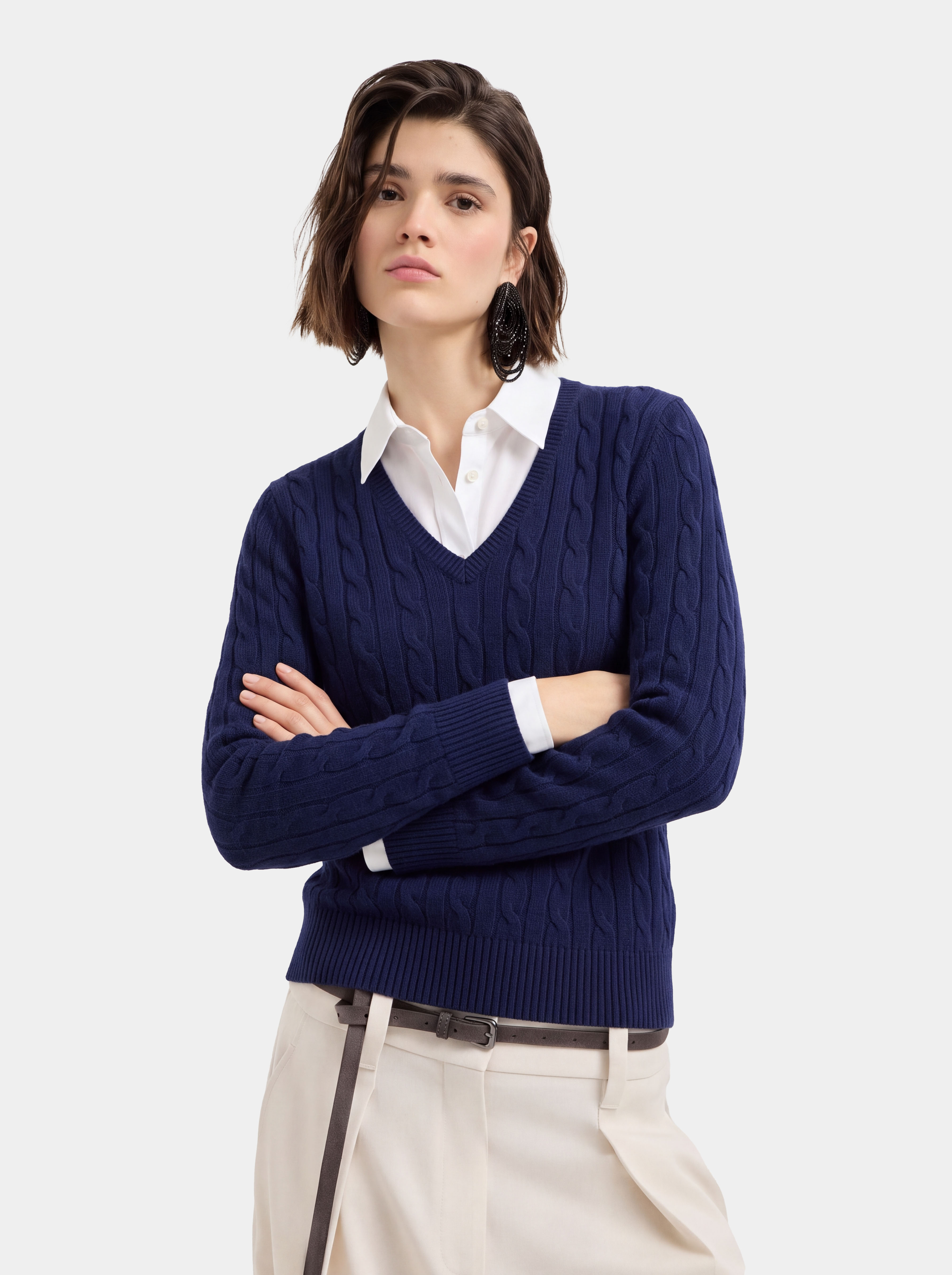 Women’s 100% Cashmere V-Neck Sweater Cable Knit Fitted Long Sleeve Pullover