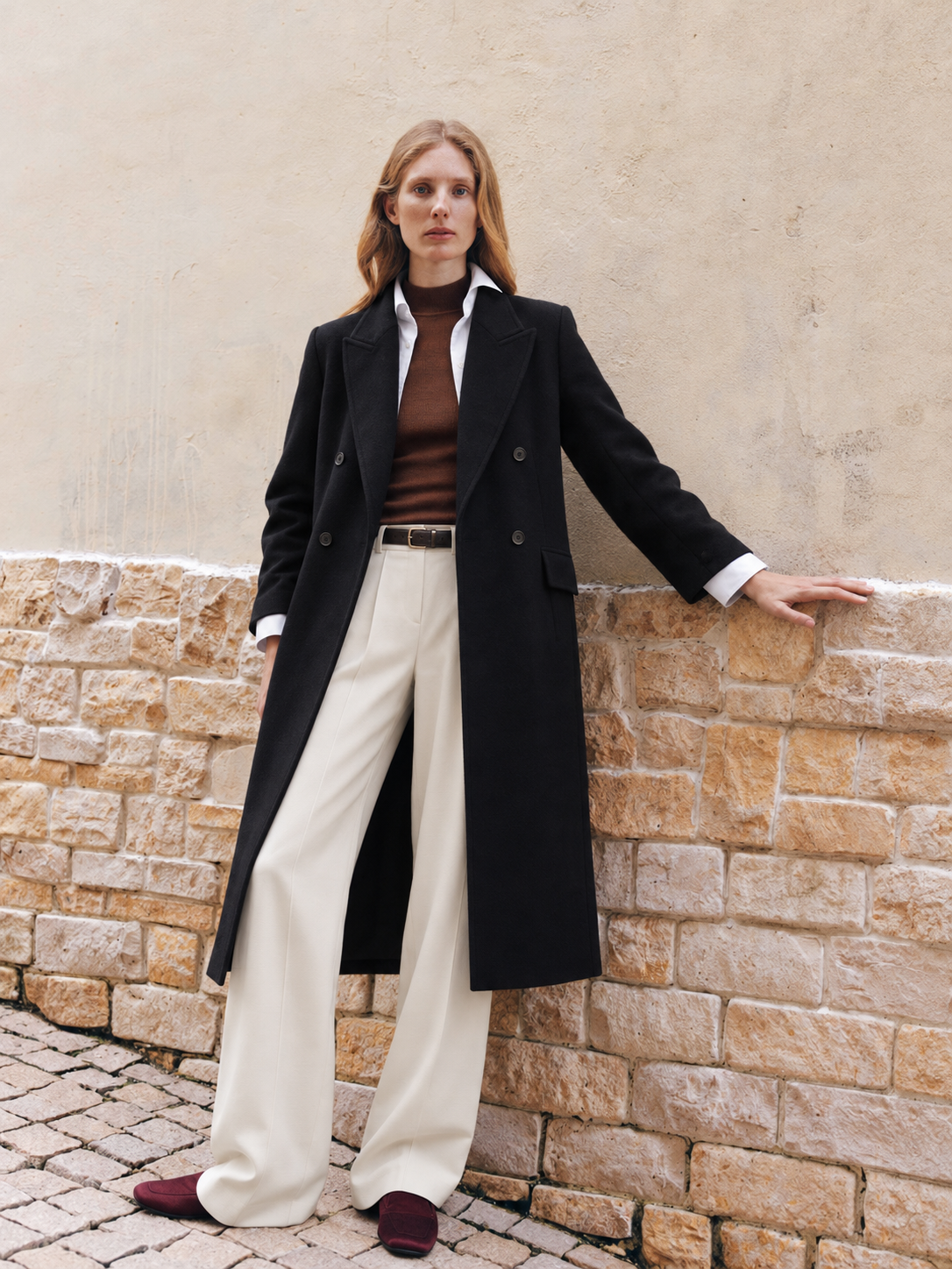 100% Cashmere Notched Lapel Double-Breasted Long Coat