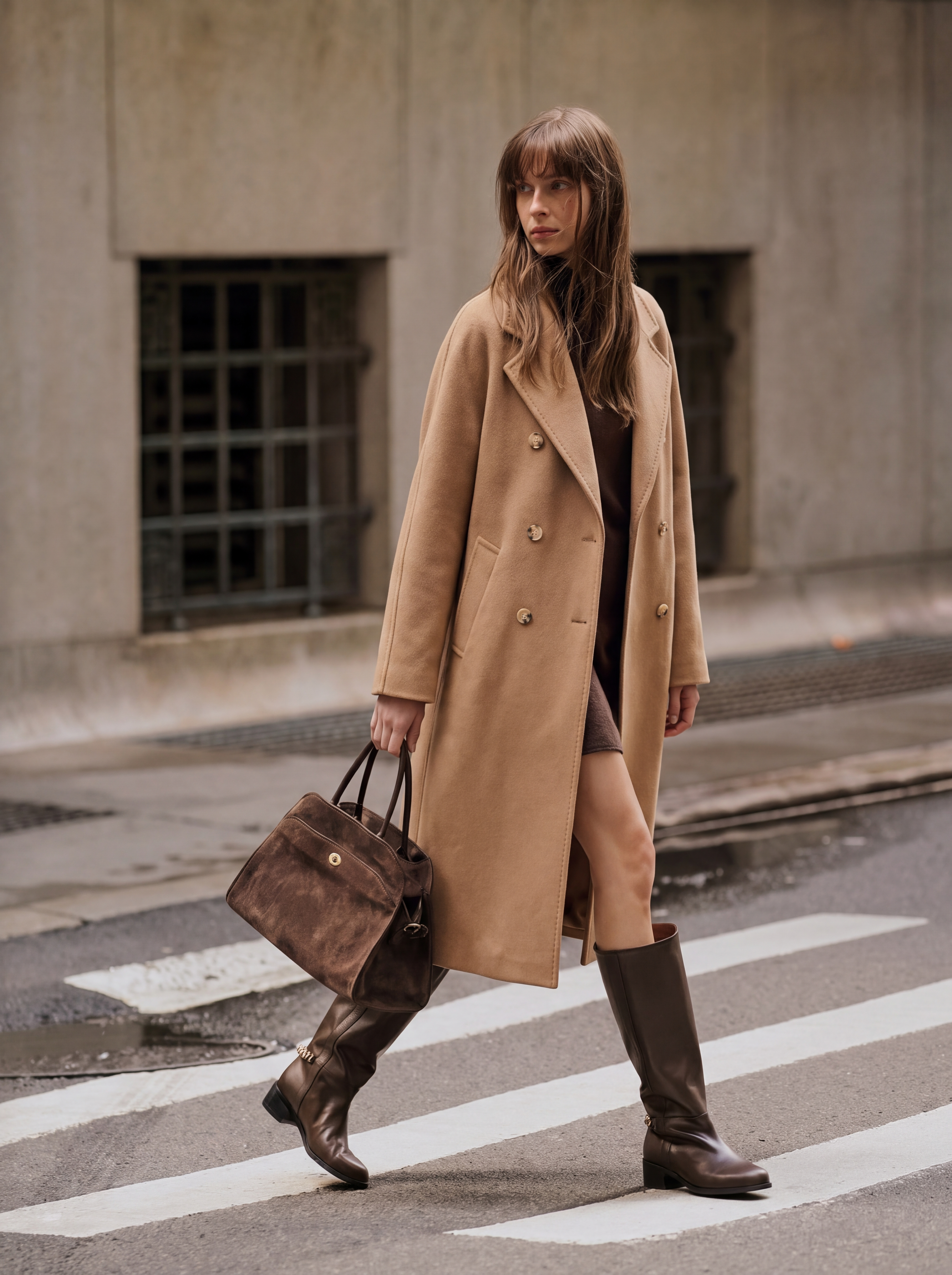 Wool Blend Notched Lapel Double-Breasted Long Coat