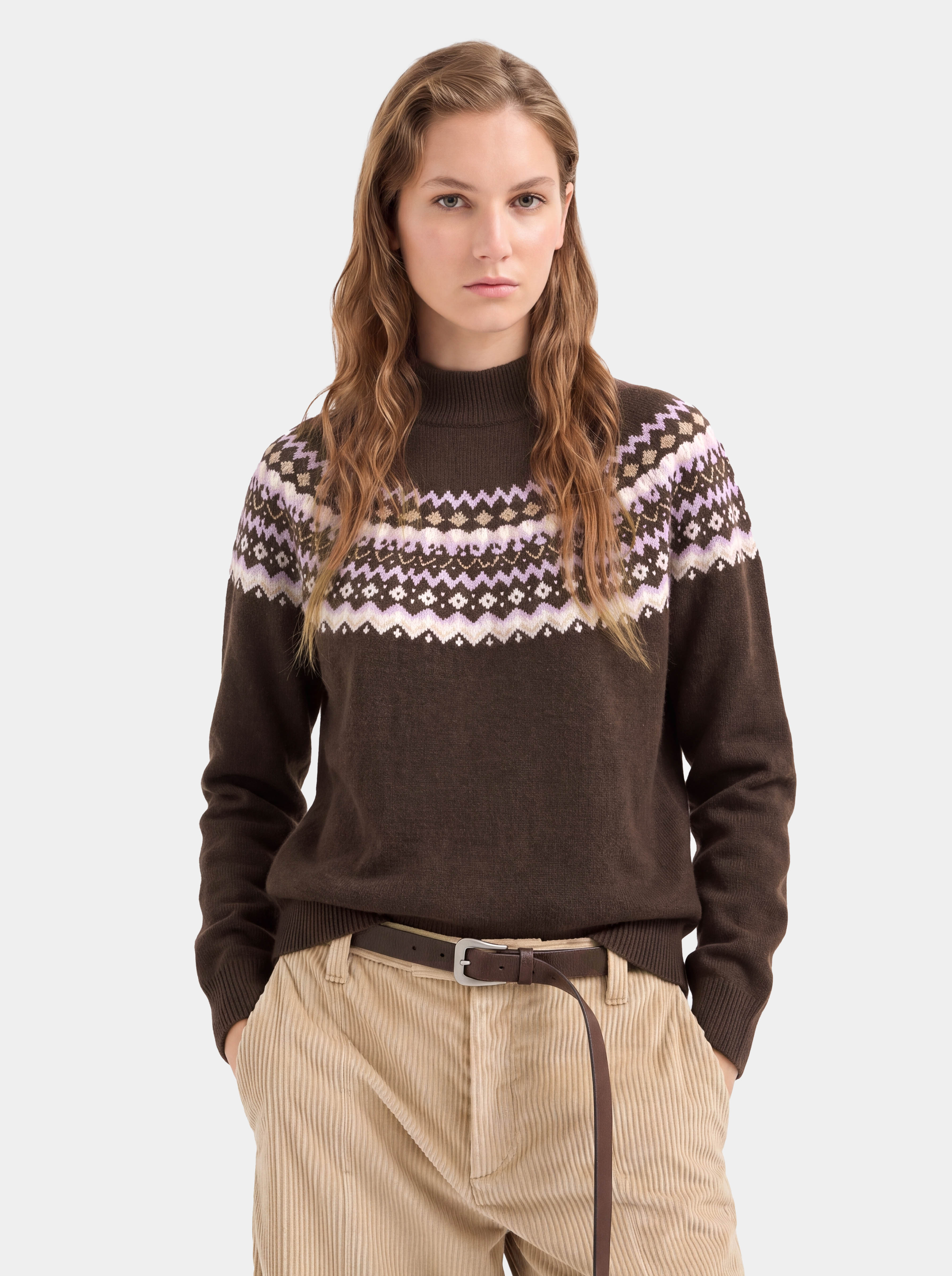 Women's 100% Cashmere Fair Isle Diamond Knit Mock Neck Sweater - Long Sleeve Pullover
