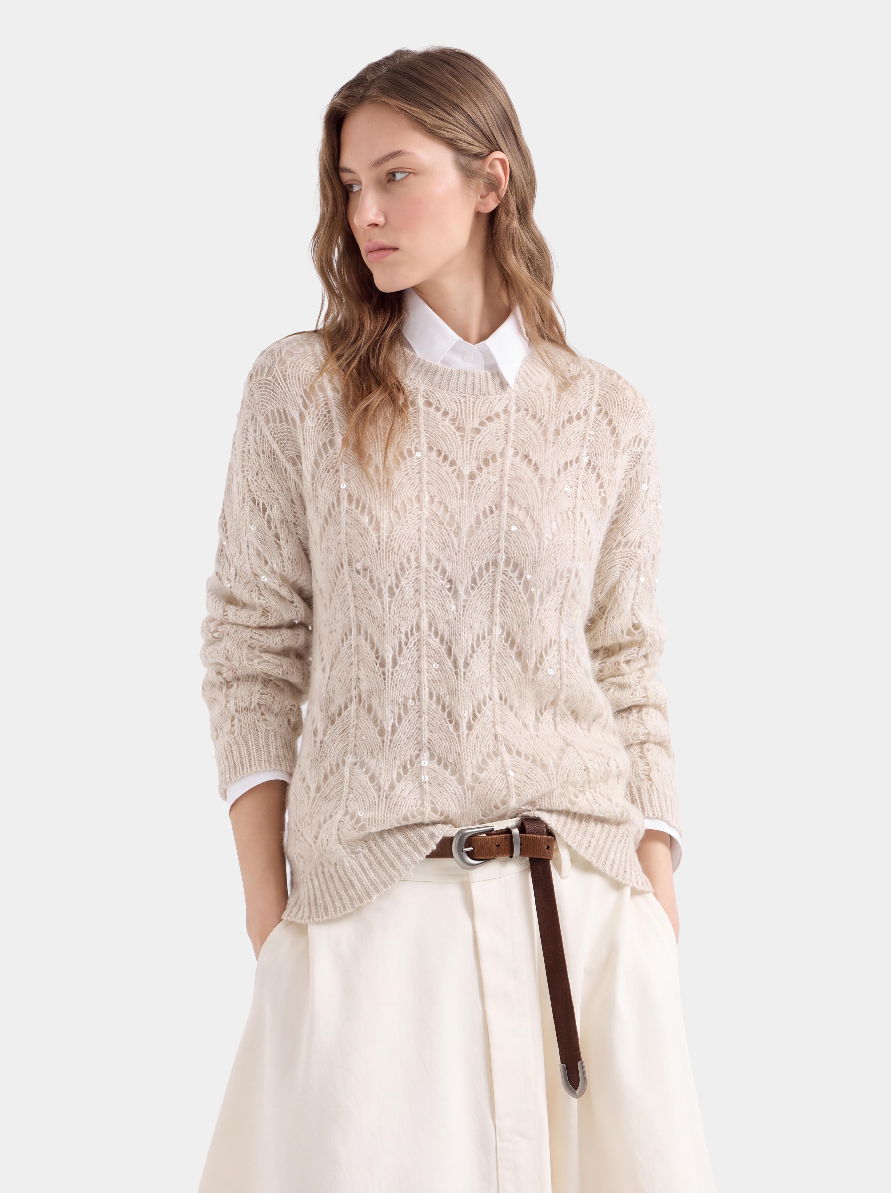 Cashmere Openwork Knit Crew Neck Sequin Sweater