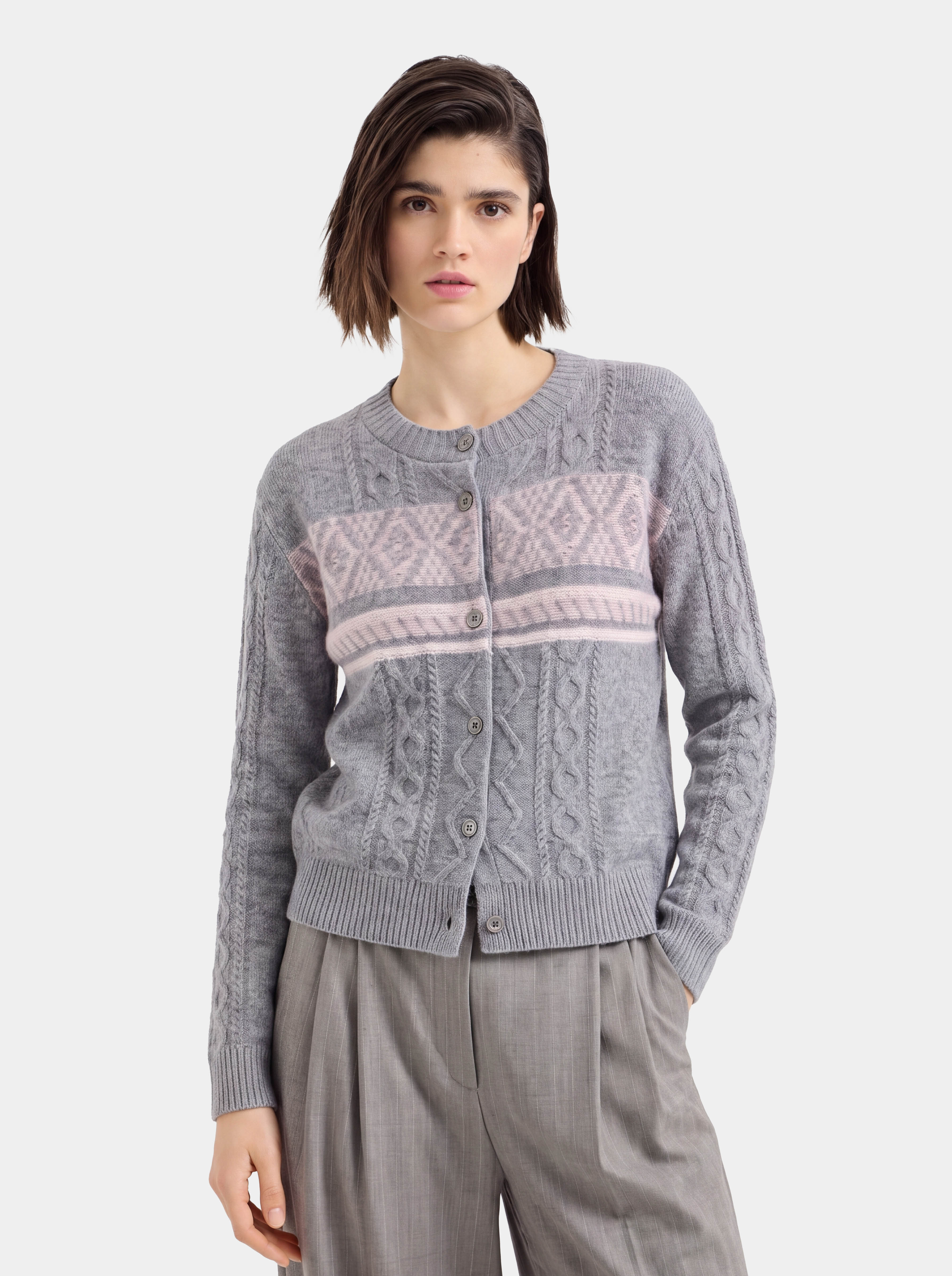 100% Cashmere Cable Knit Crew Neck Cardigan