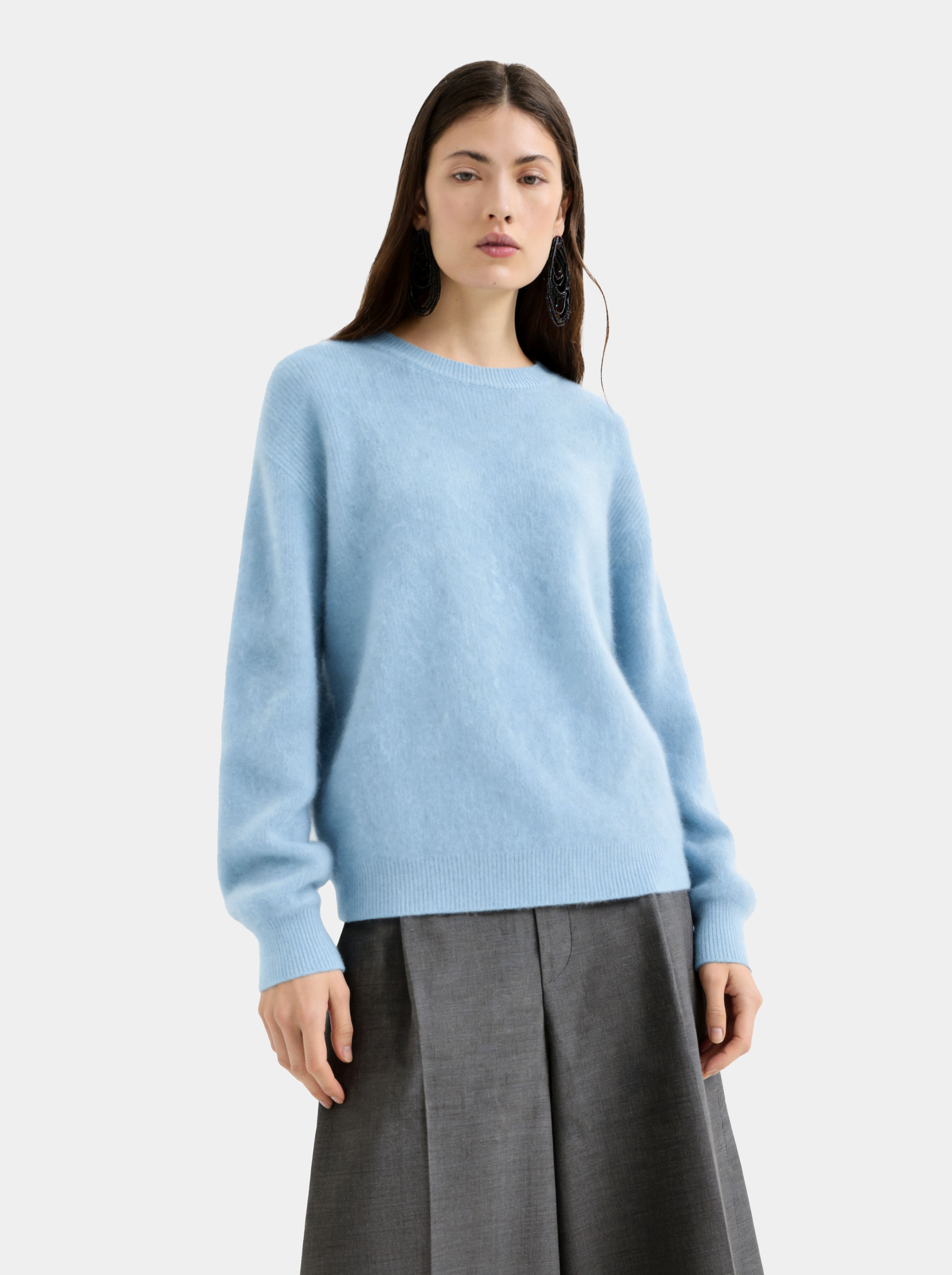 Wool Blend Brushed Crew Neck Long Sleeve Sweater