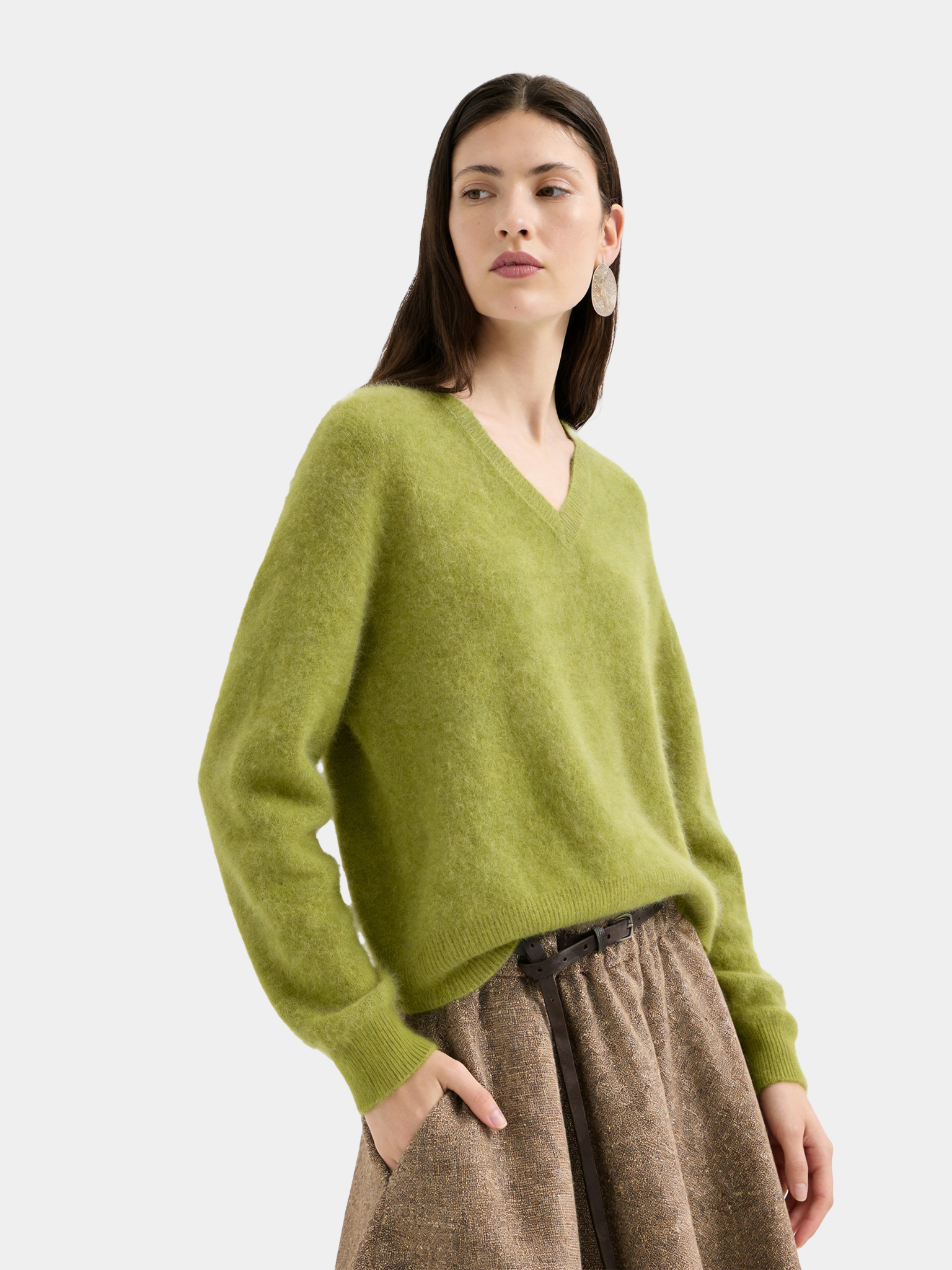 Wool Blend Brushed V Neck Long Sleeve Sweater