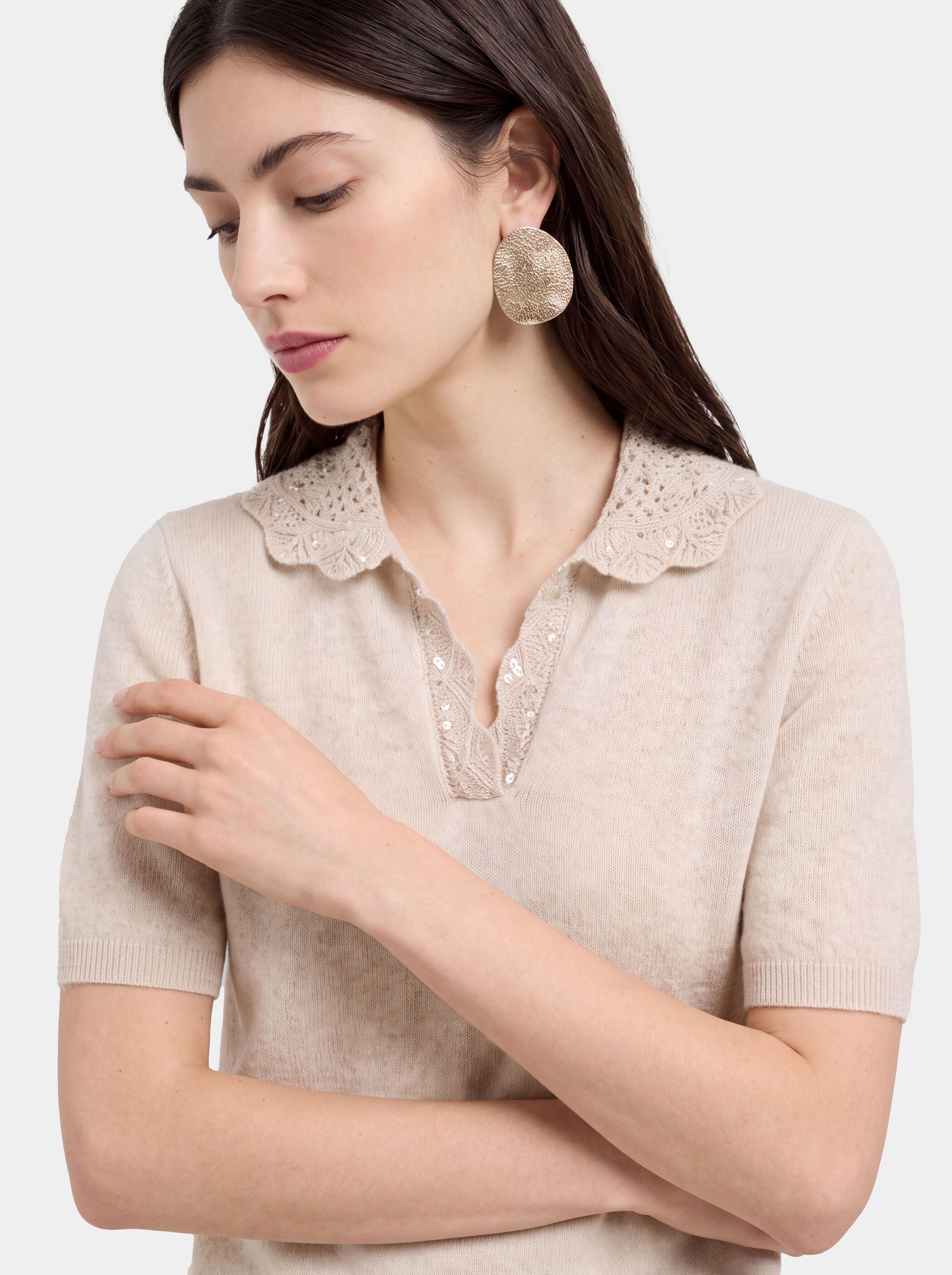 100% Cashmere Openwork Knit Polo Short Sleeve Top