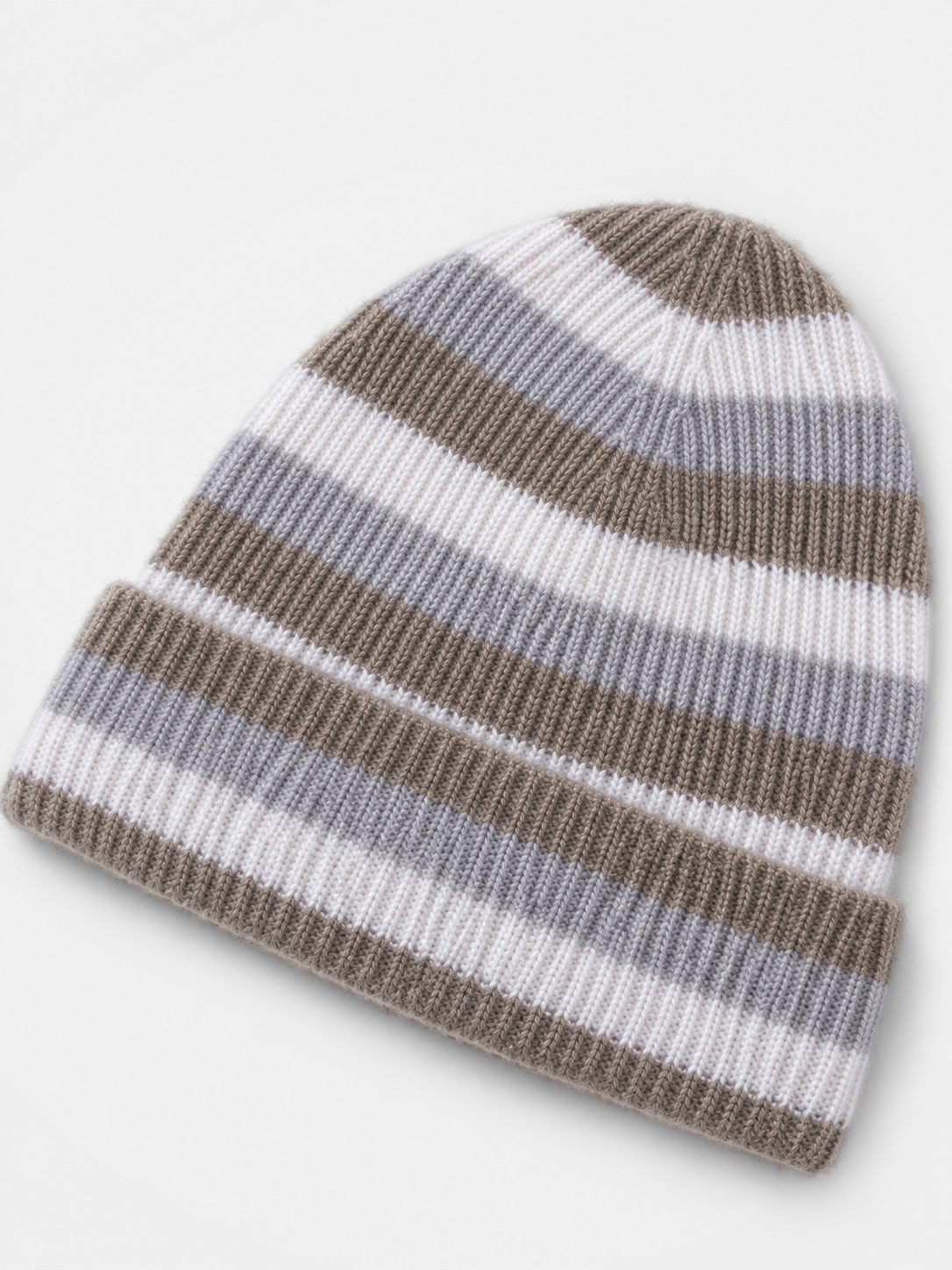 100% Cashmere Striped Ribbed Knit Cuffed Beanie