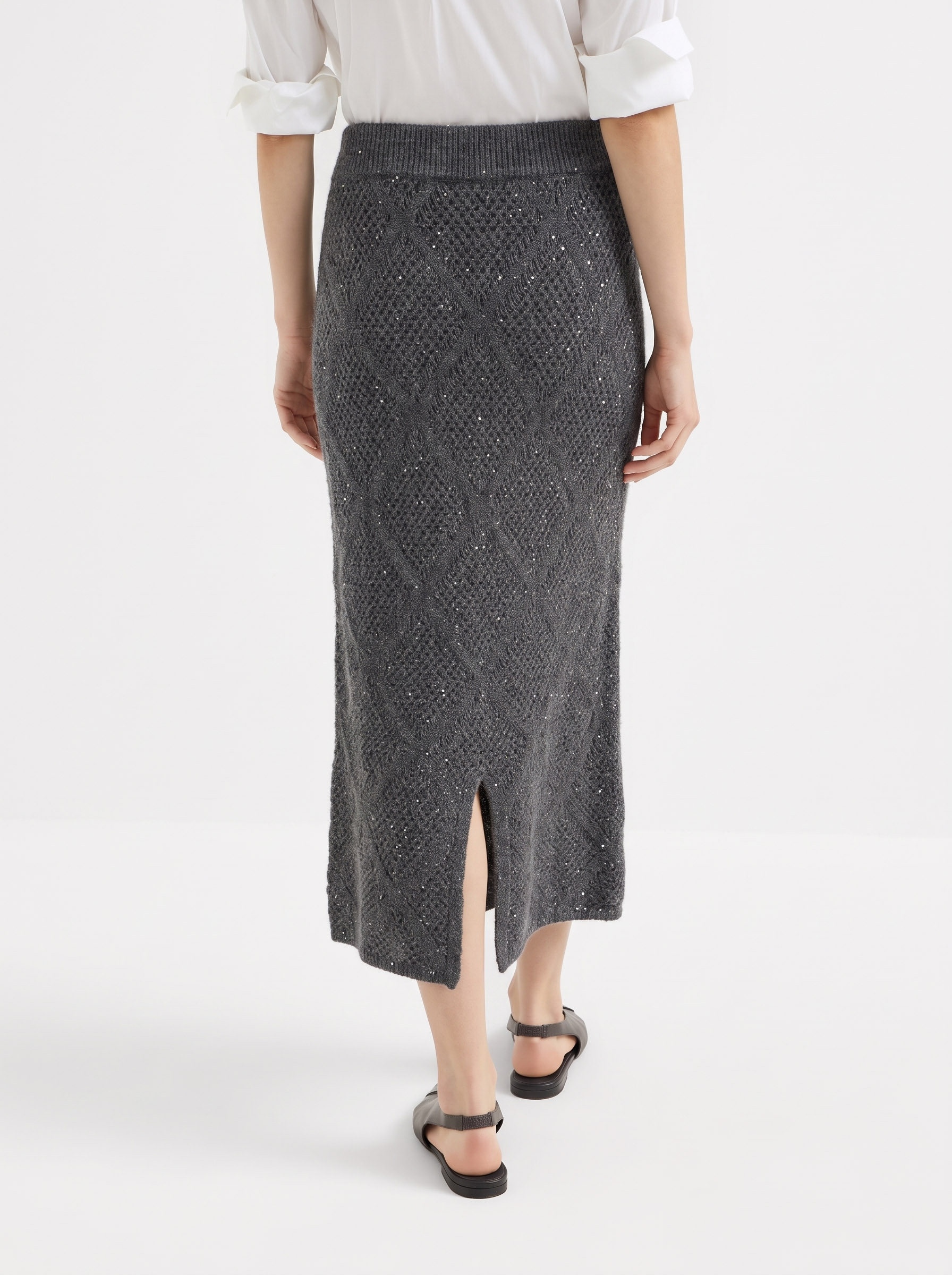 100% Mongolian Cashmere Diamond Textured Sparkle Knit Midi Skirt