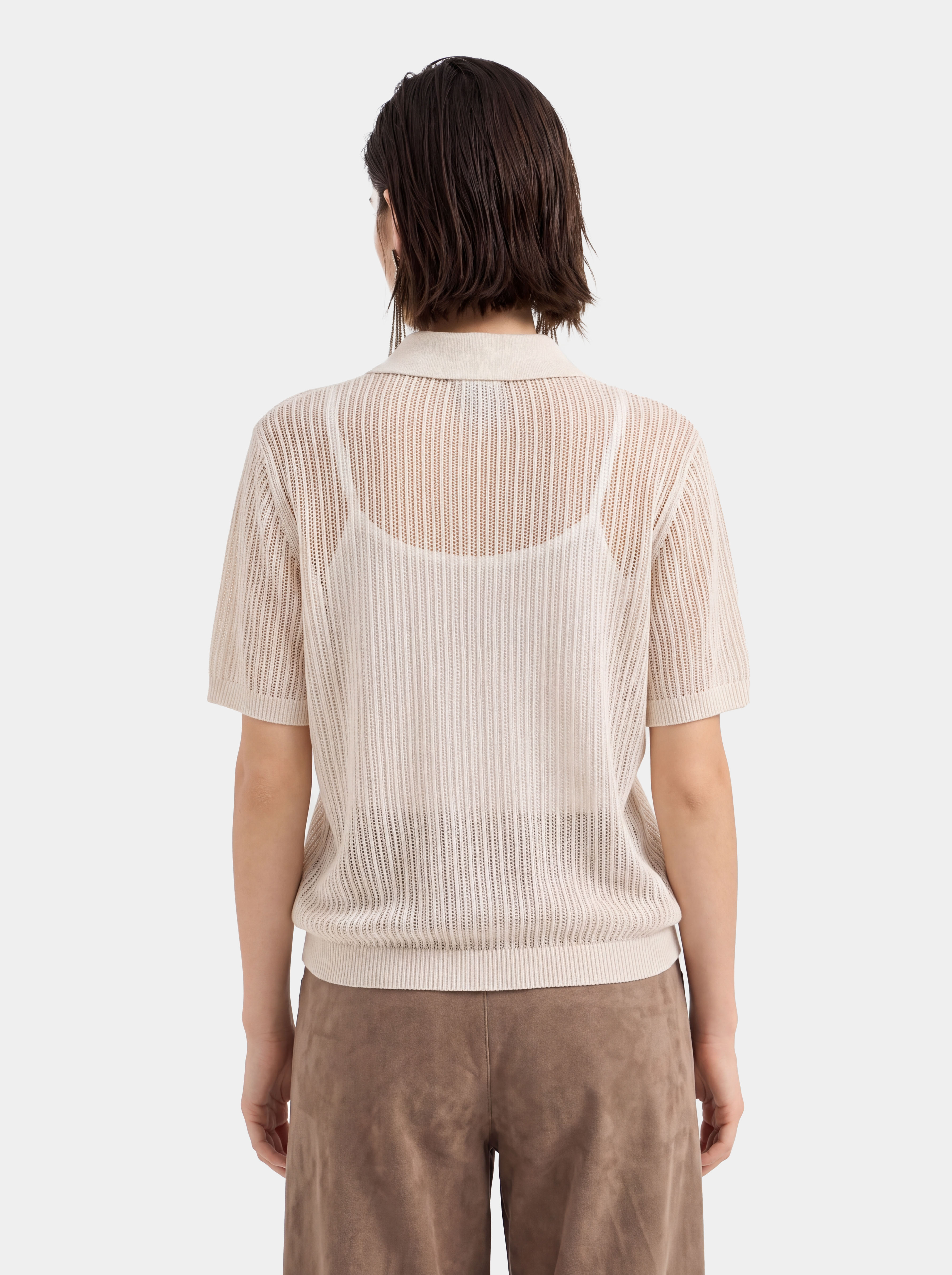 Cotton Silk Blend Open Knit Short Sleeve Polo Top