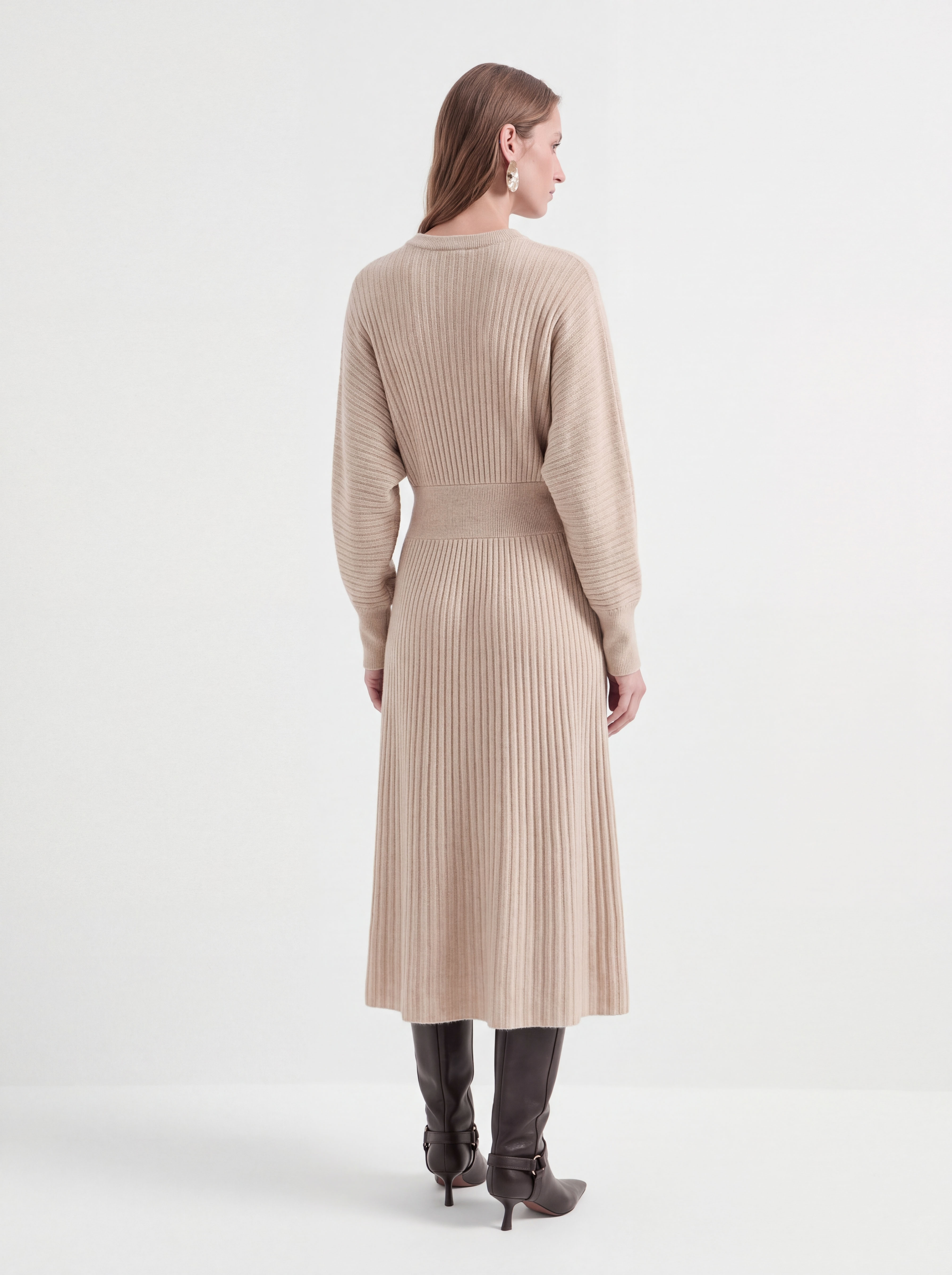 100% Cashmere Surplice V Neck Ribbed Long Sleeve Midi Sweater Dress