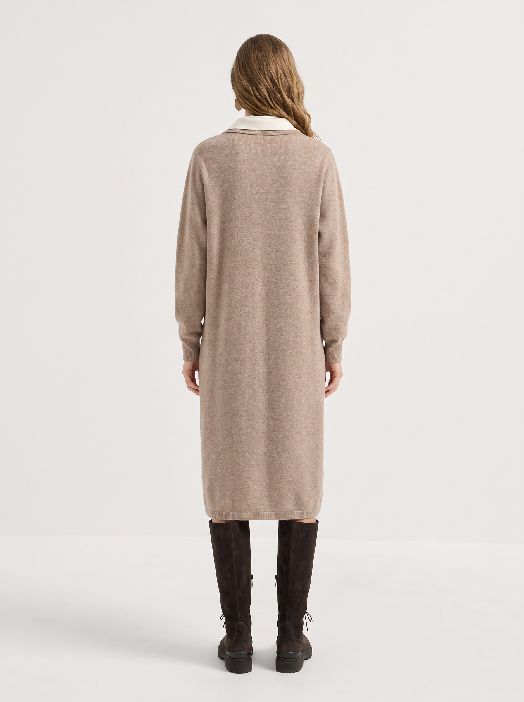 100% Cashmere V Neck Collared Long Sleeve Midi Sweater Dress