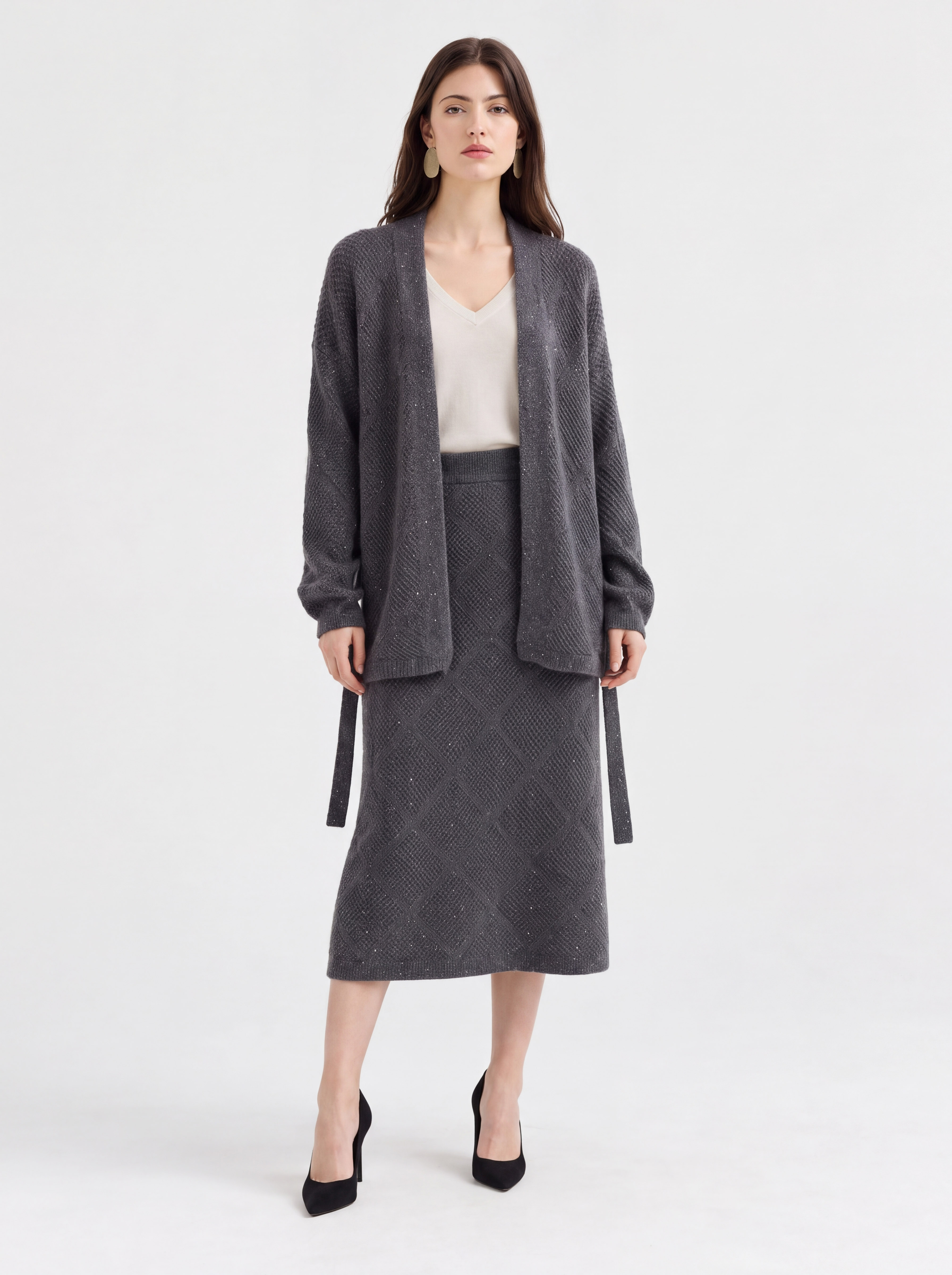 100% Cashmere Textured Open Front Belted Longline Cardigan