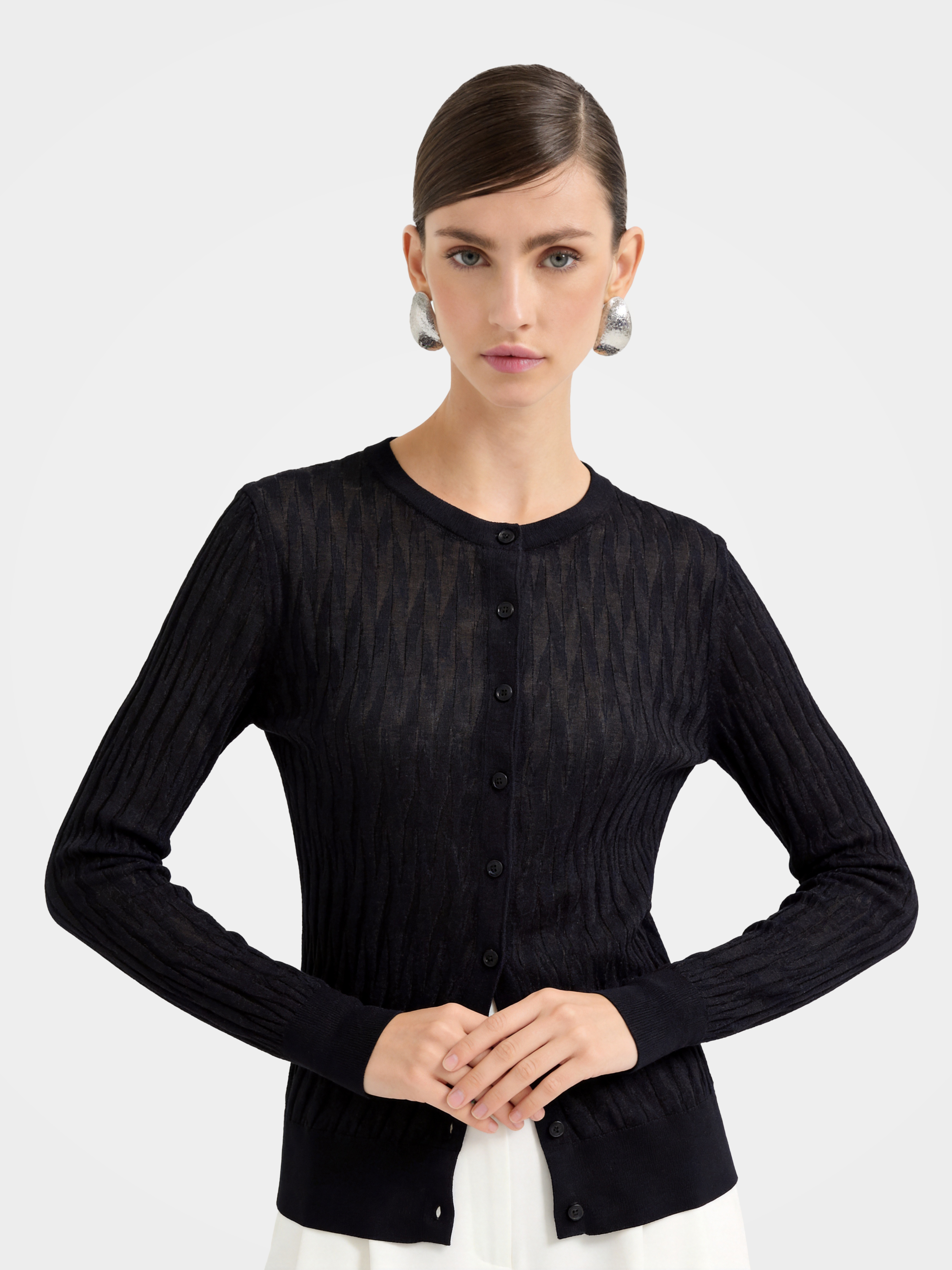Sheer Tencel Silk Blend Rib Knit Cardigan Top