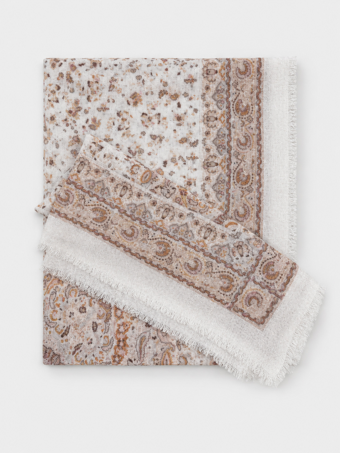 100% Cashmere Paisley Print Frayed Edge Long Scarf