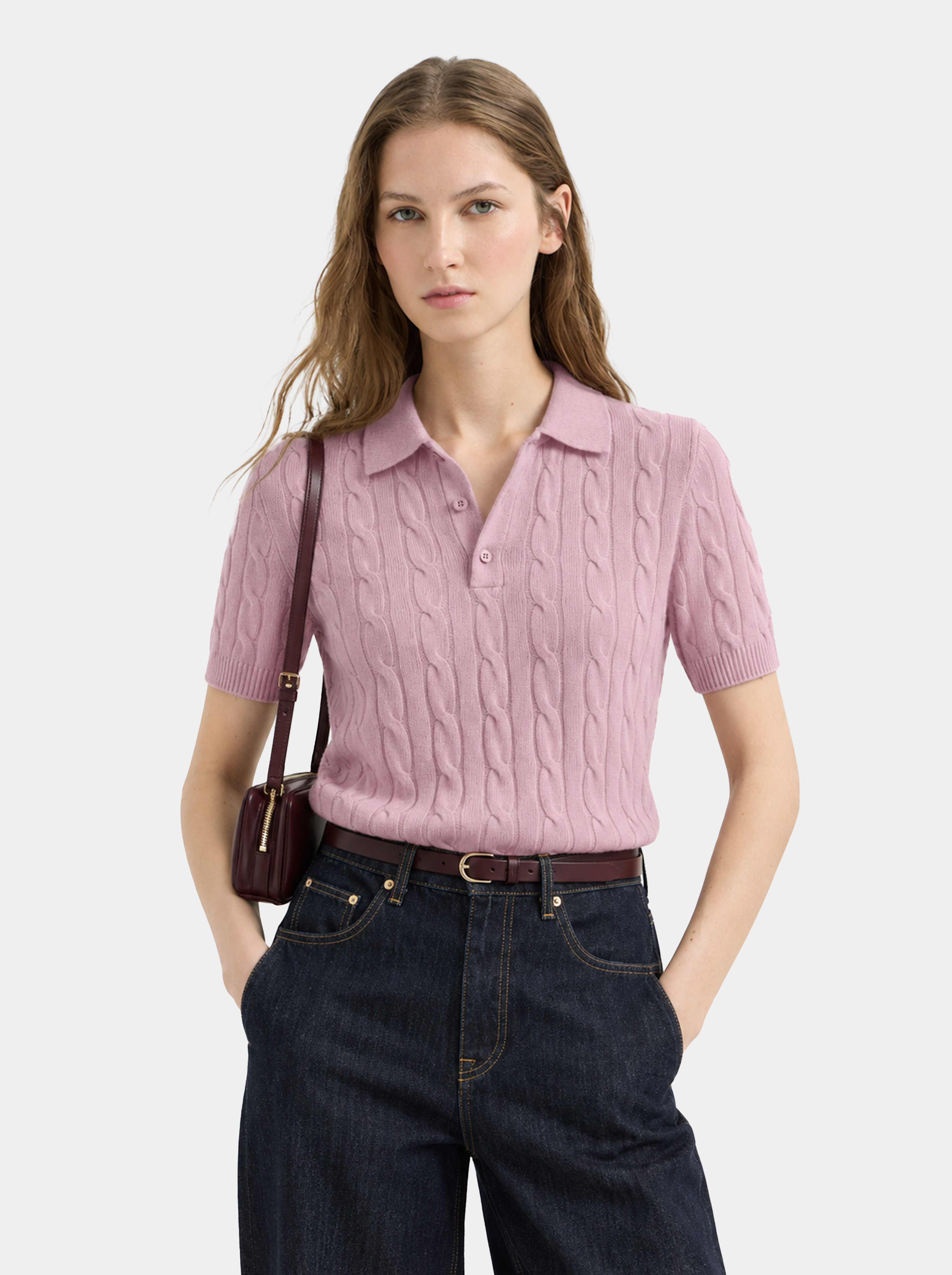 100% Mongolian Cashmere Cable Knit Short Sleeve Polo Sweater