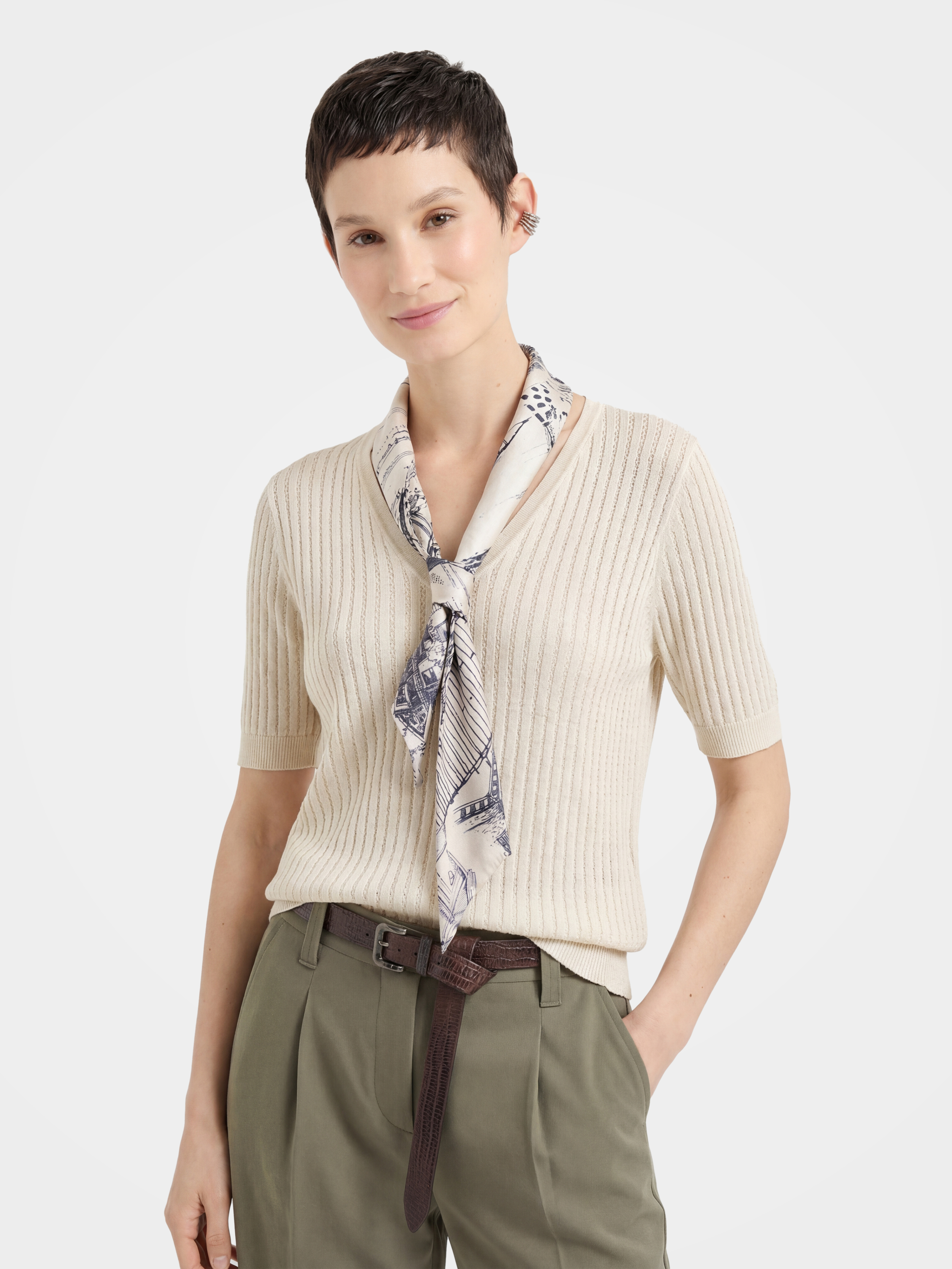 100% Cotton Short Sleeve Silk Scarf Knit Top –Elegant Silk Scarf Detail