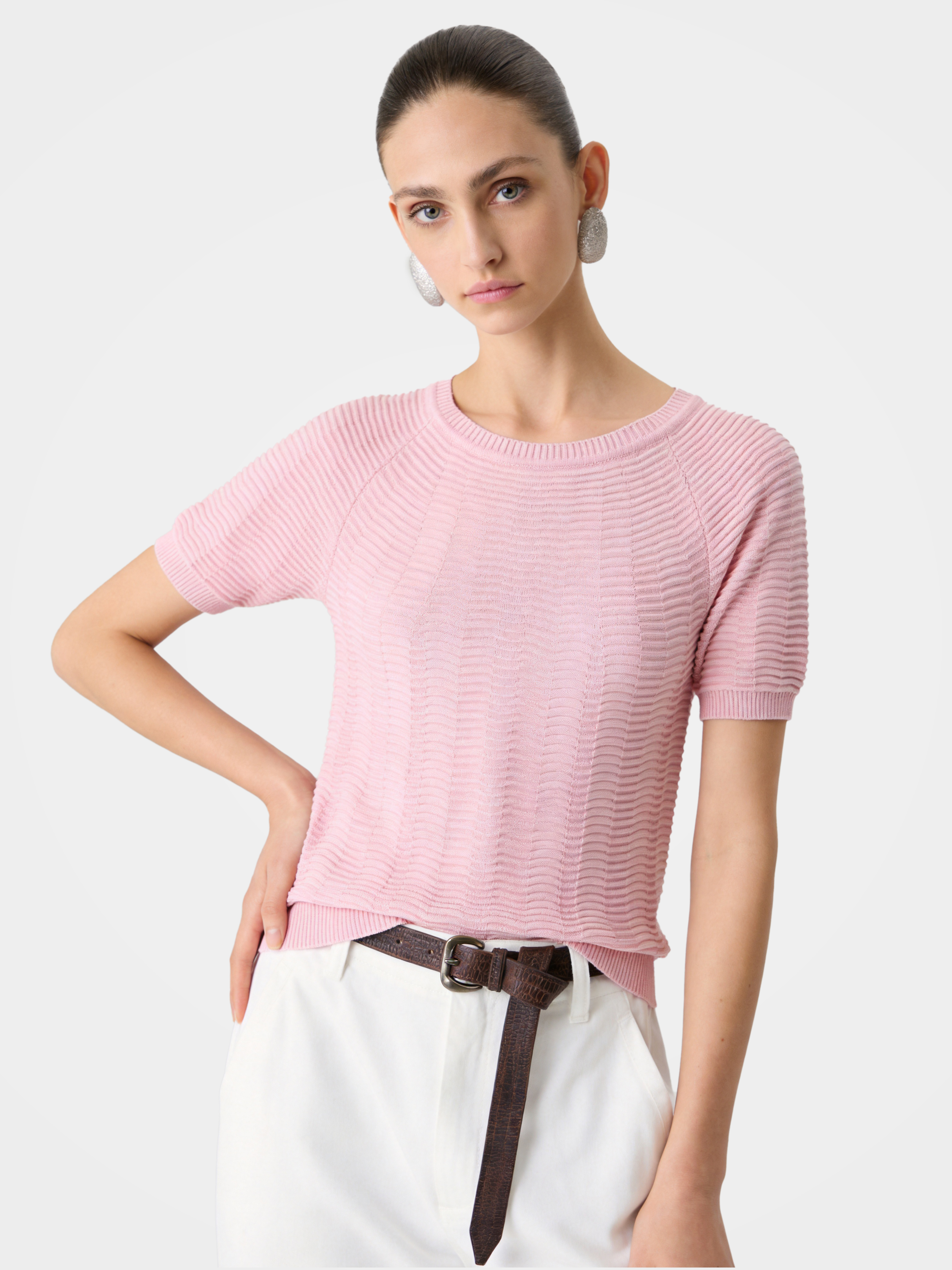 Soft Textured Stretch Wave Knit Summer Tee
