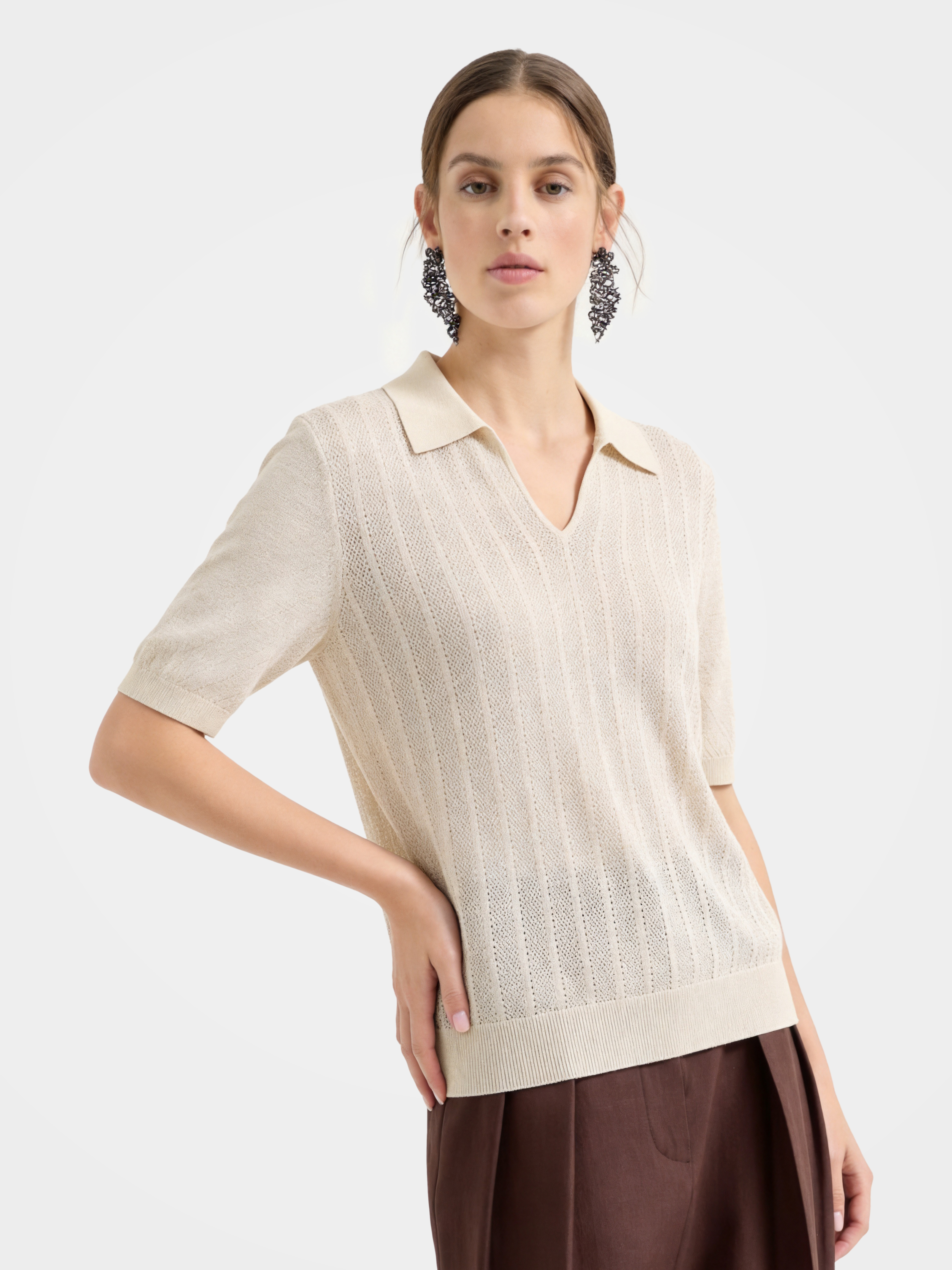 Breathable Cotton Open Knit Polo Knit Top
