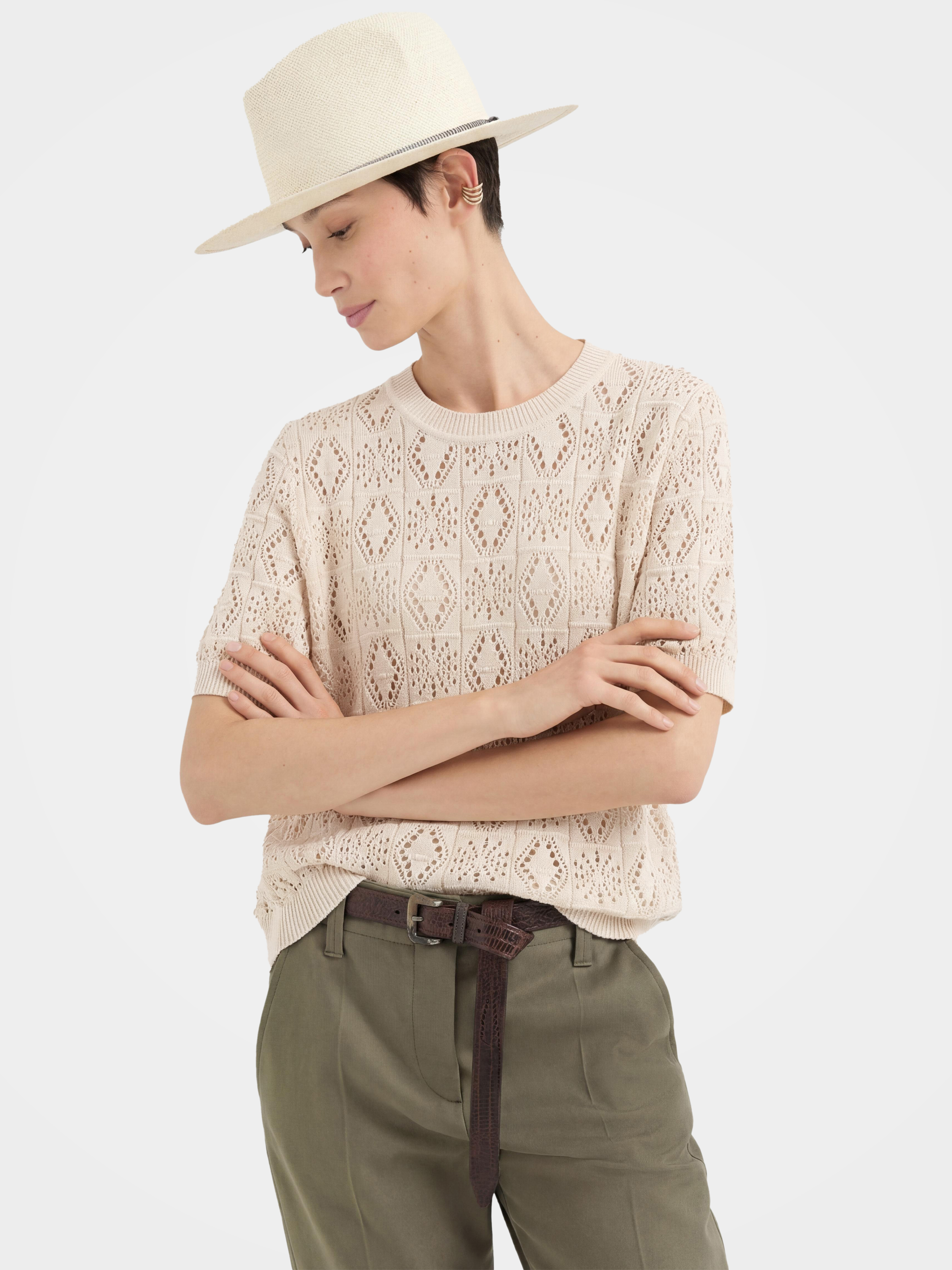 Breathable Cotton Silk Blend Diamond Pointelle Knit Top