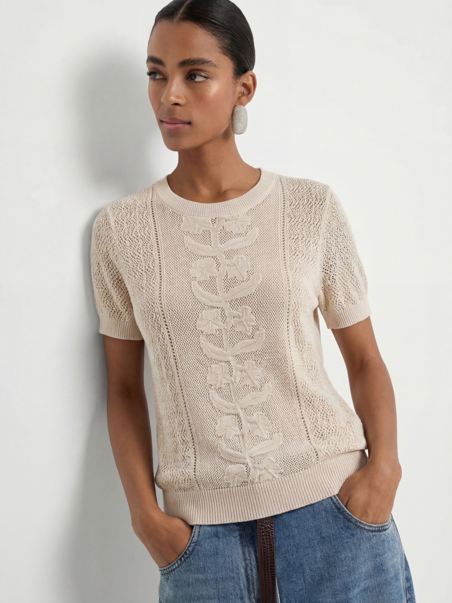 Cotton Short Sleeve Jacquard Knit Top