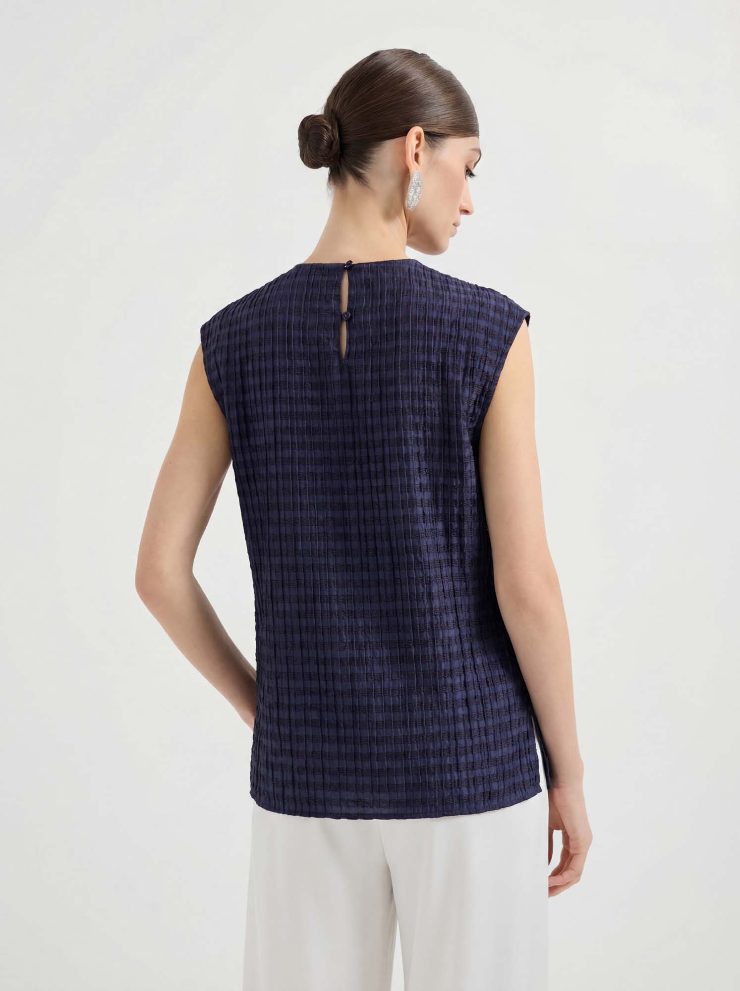Navy Silk Cap Sleeve Plaid Top 