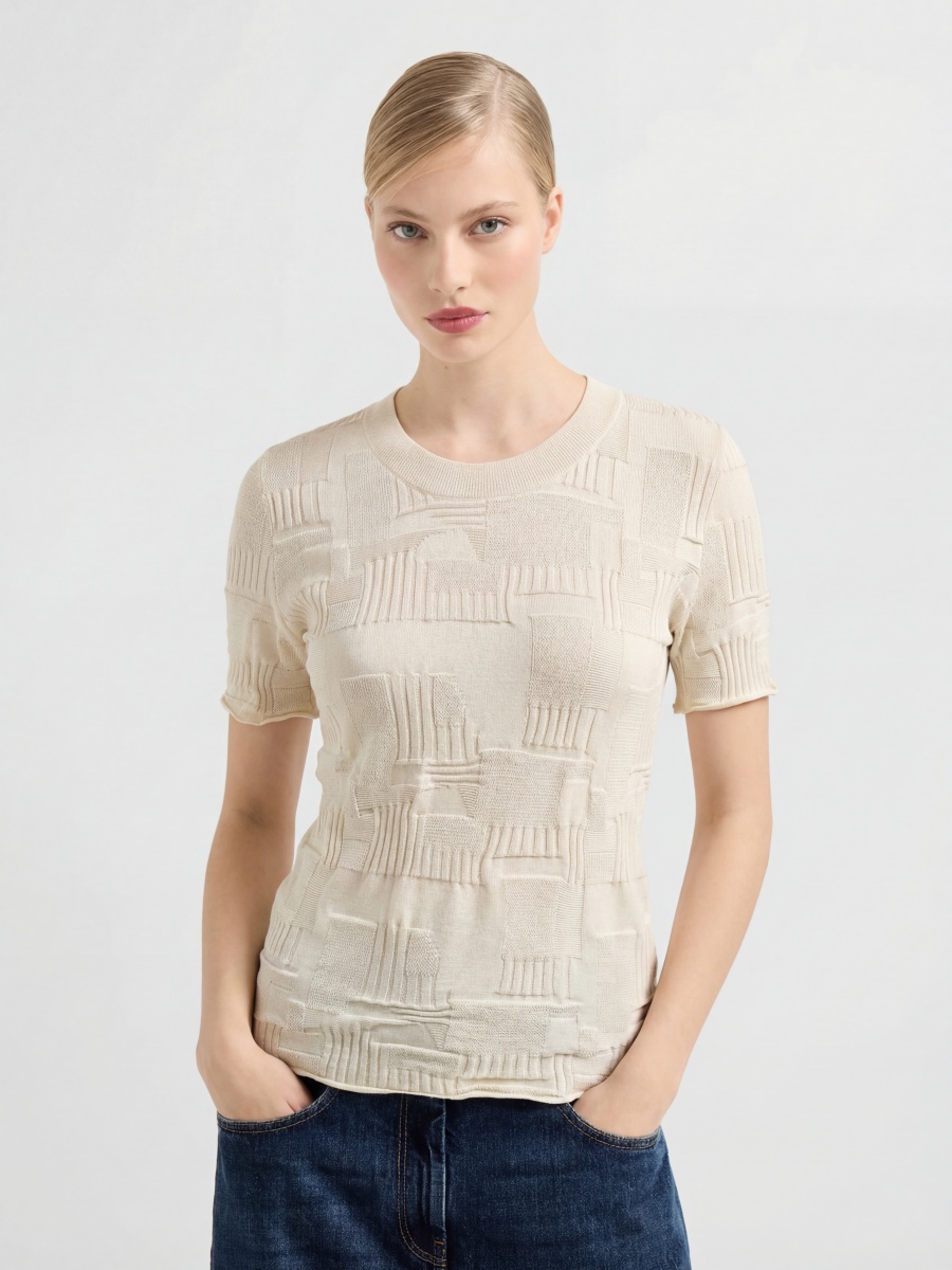 Cotton Short Sleeve Plaid Knit Top