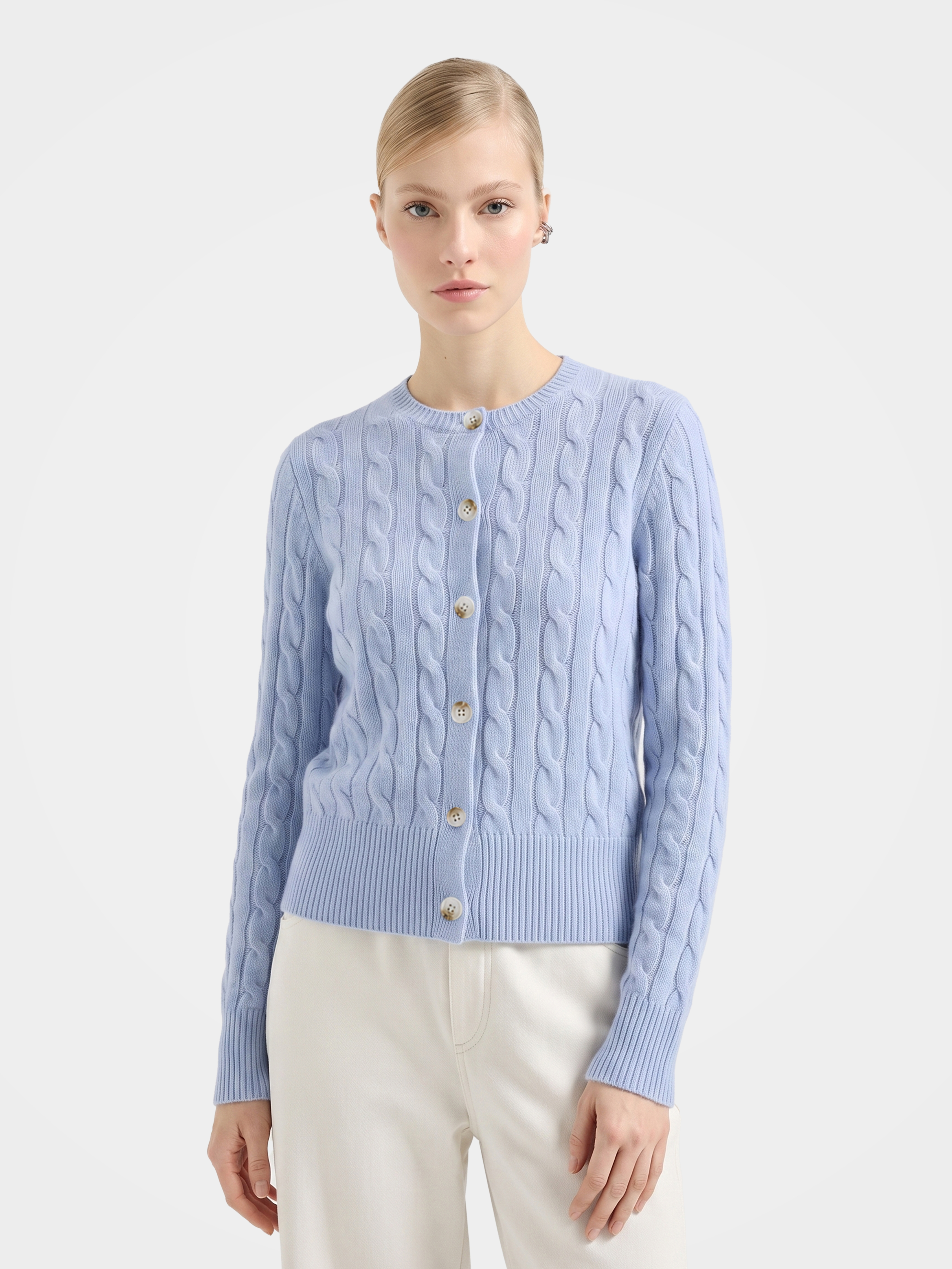 100% Mongolian Cashmere Cable Knit Crew Neck Button Cardigan Sweater