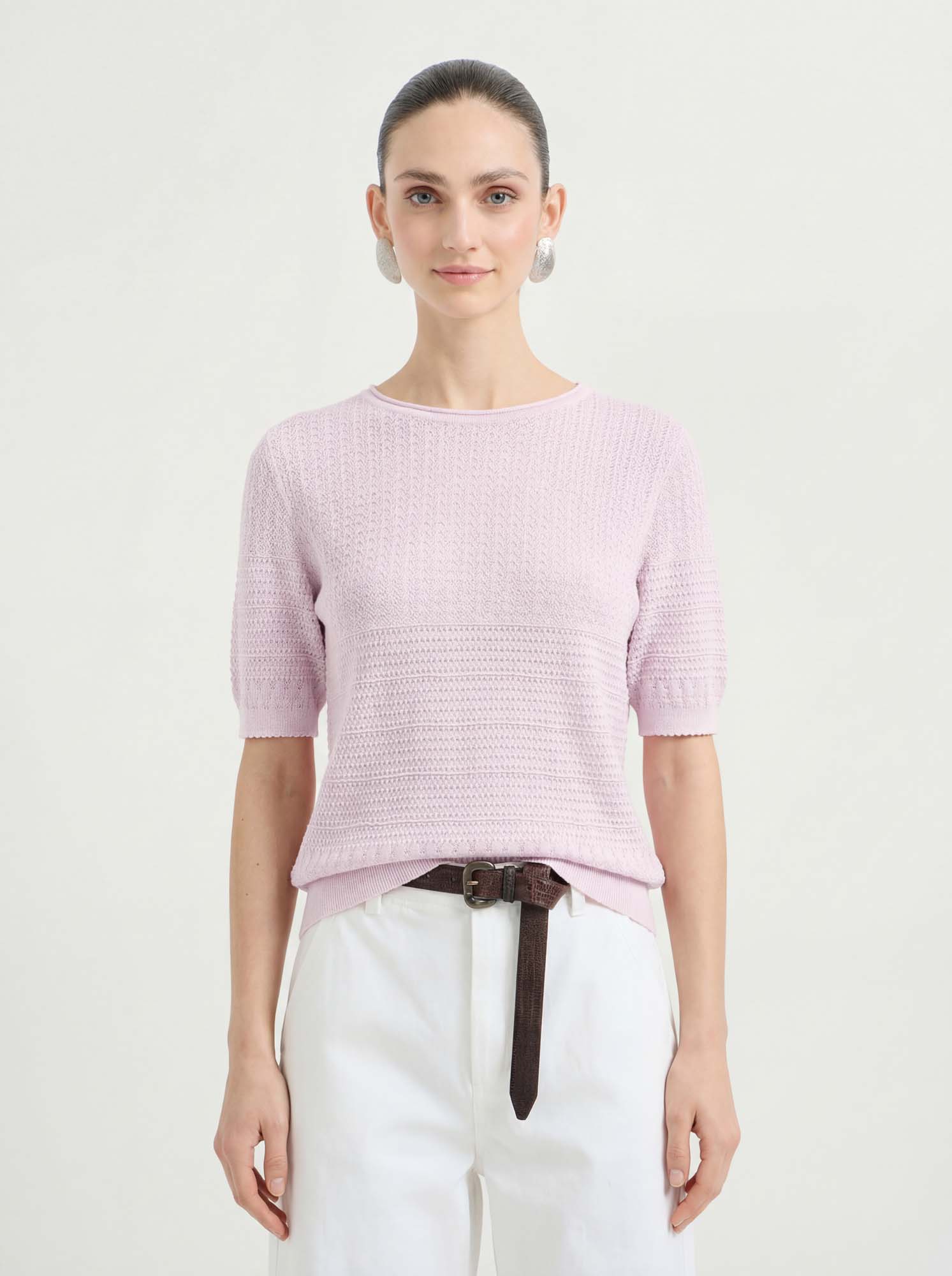Pink Cotton Short Sleeve Knit Sweater Women Soft Breathable Top