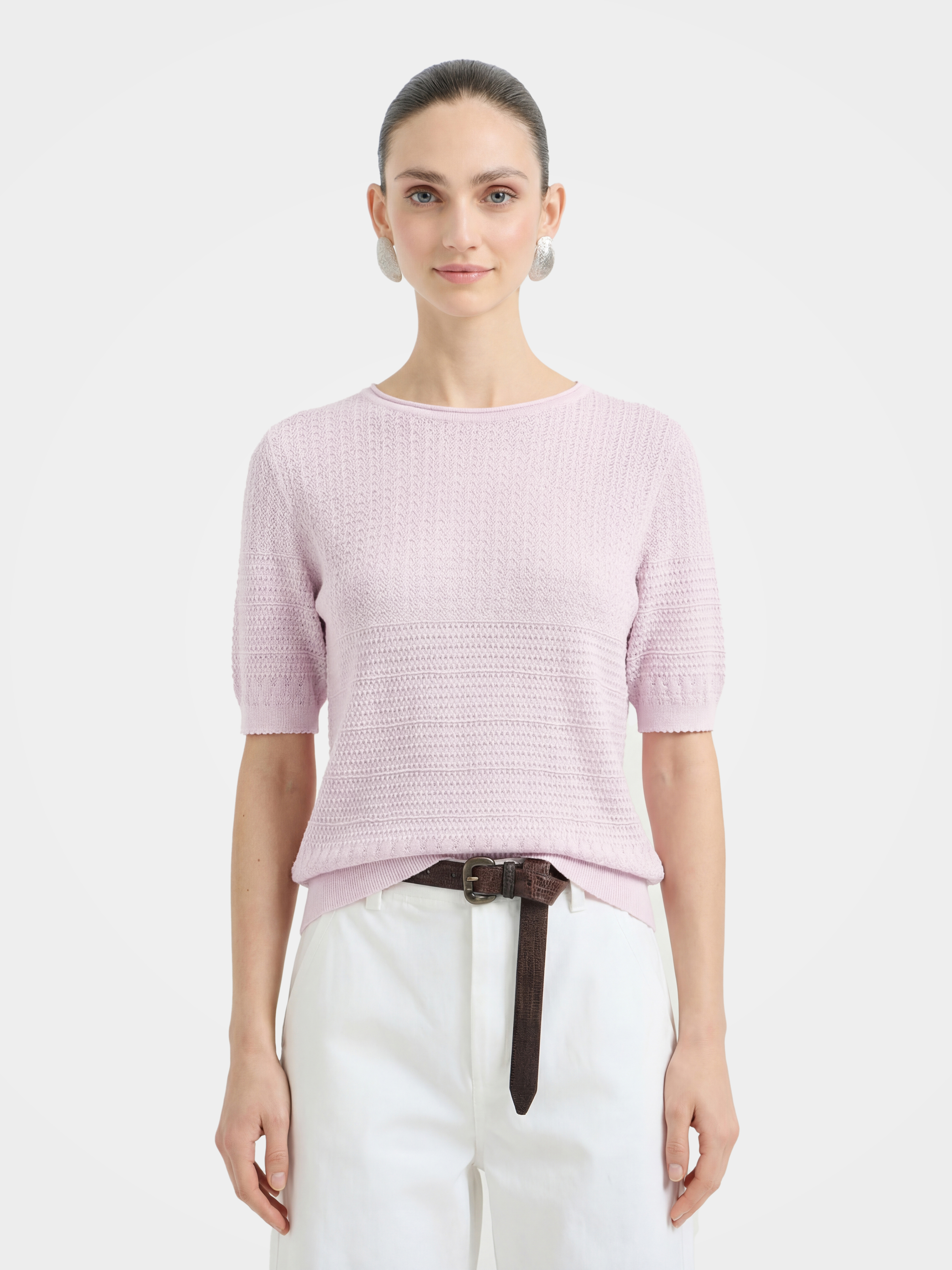 Lightweight Textured Cotton Silk Knit Pullover 