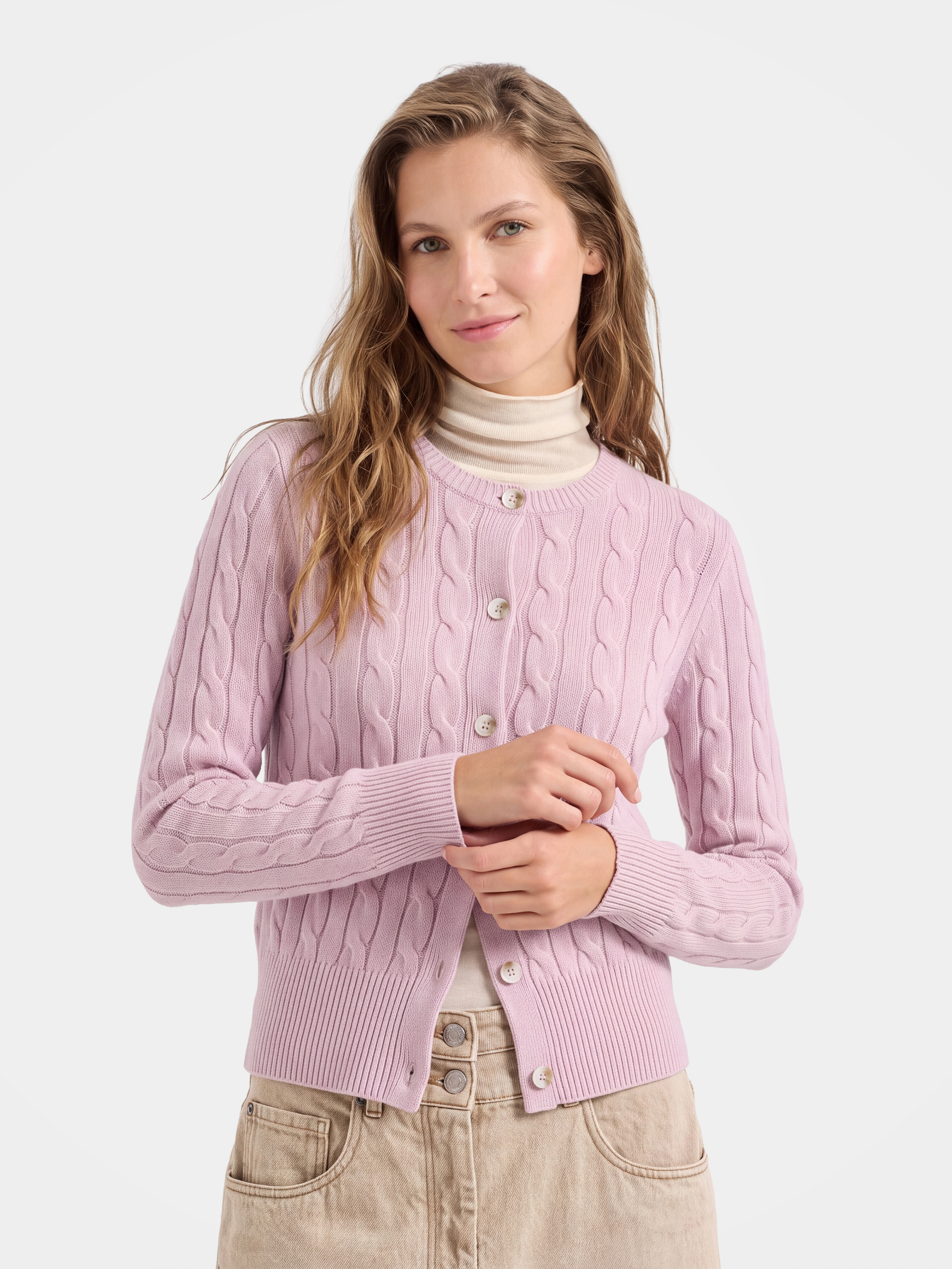 100% Mongolian Cashmere Cable Knit Crew Neck Button Cardigan