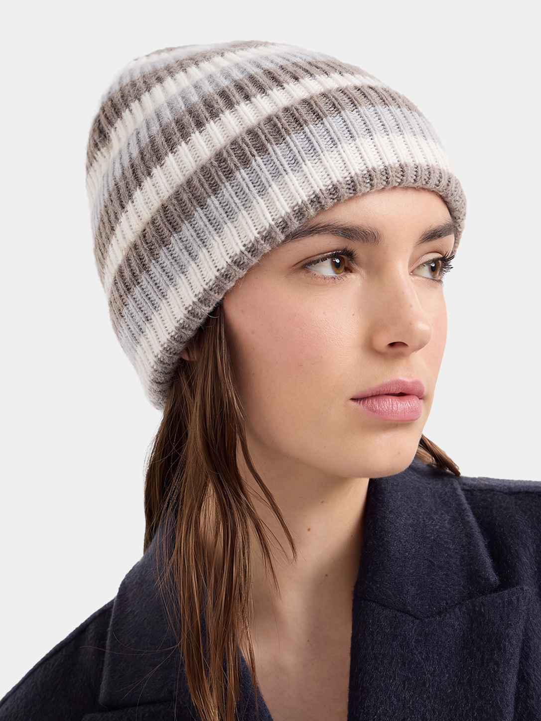 100% Cashmere Striped Ribbed Knit Cuffed Beanie