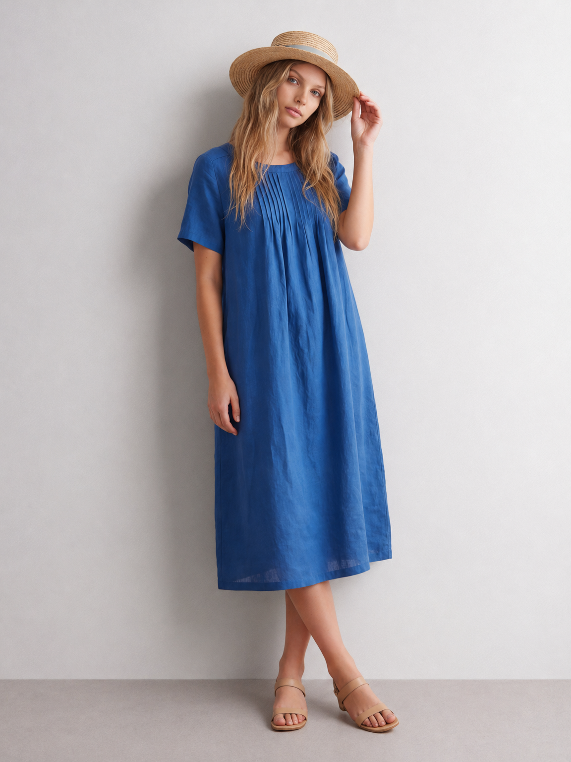 Blue Short Sleeve Midi Linen Cotton Dress
