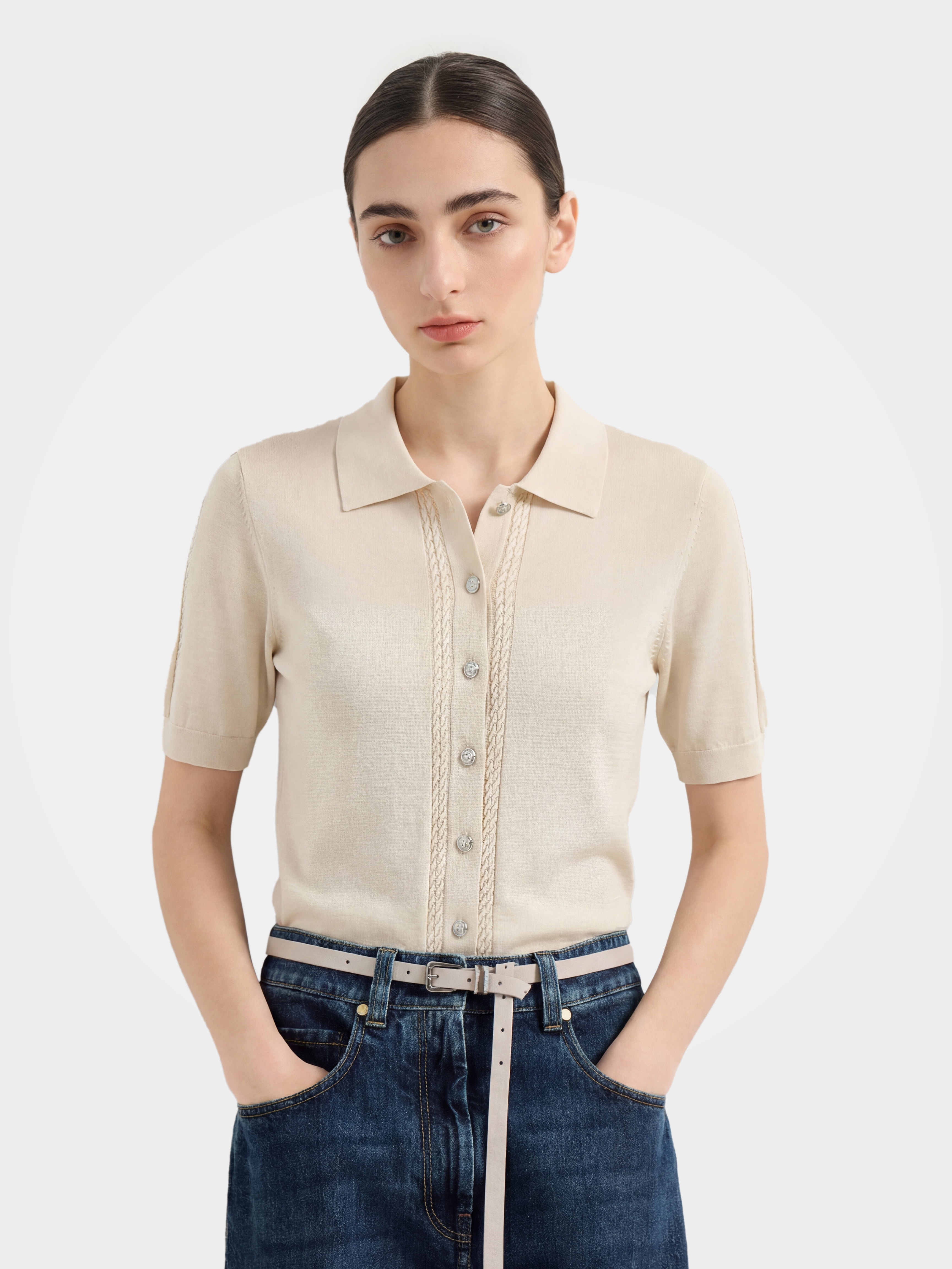 Minimalist Cotton Knit Polo Top with Jewel Buttons