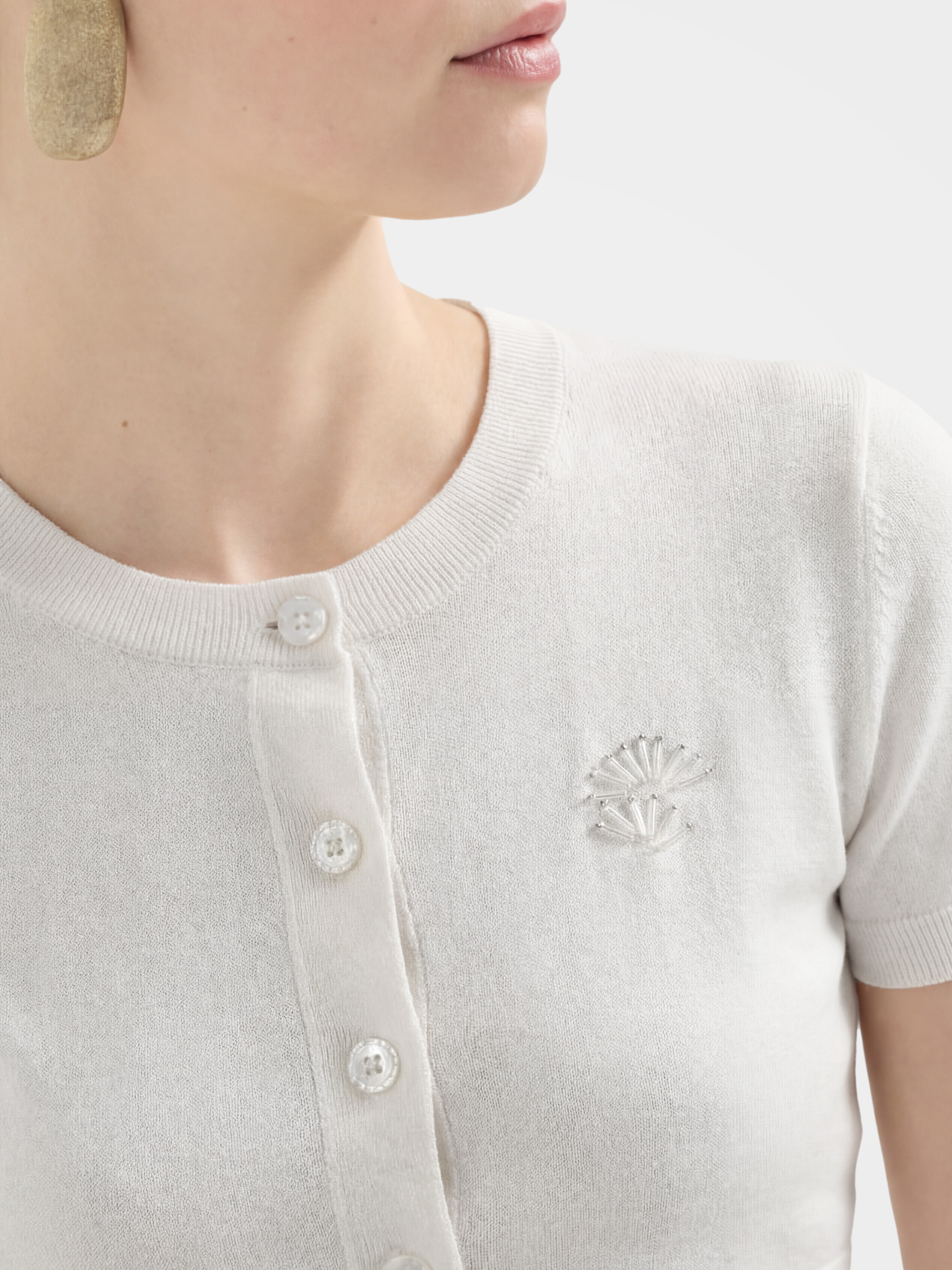 Lightweight Button Front Knit Top with Lace Trim
