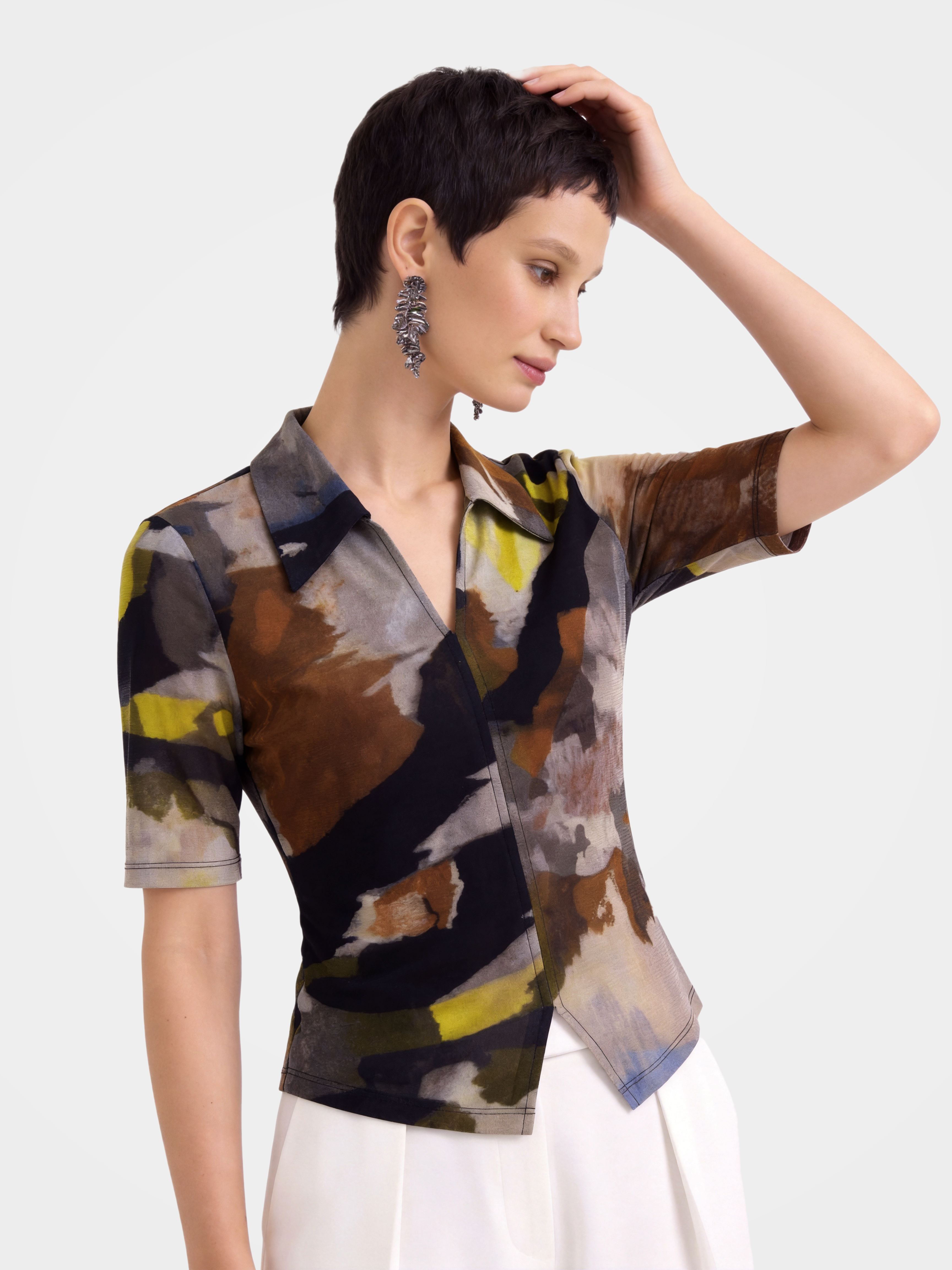 Lightweight Multicolor Printed V Neck 100% Mulberry Silk Blouse