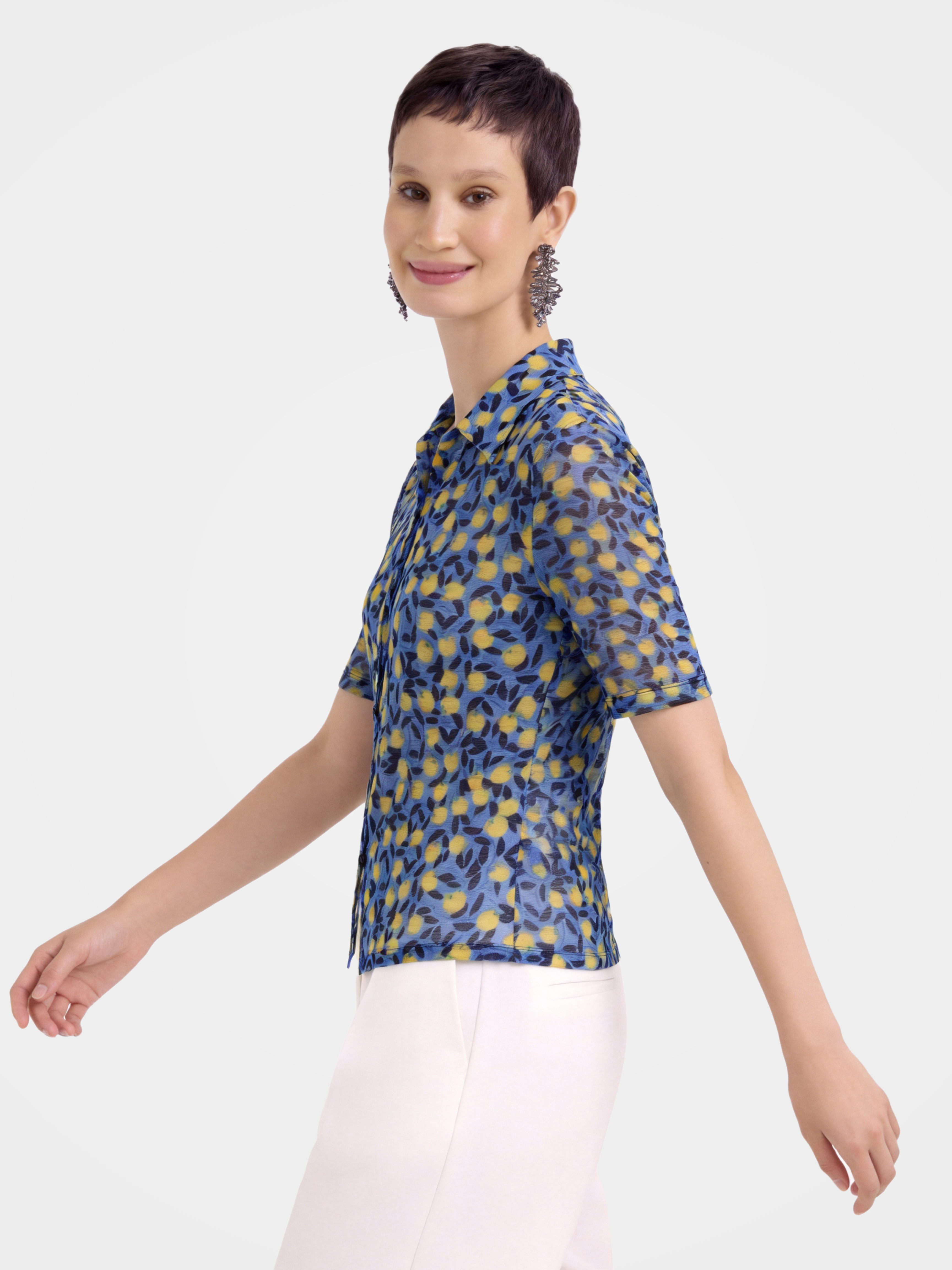 Breathable Lemon Printed Collar 100% Mulberry Silk Blouse