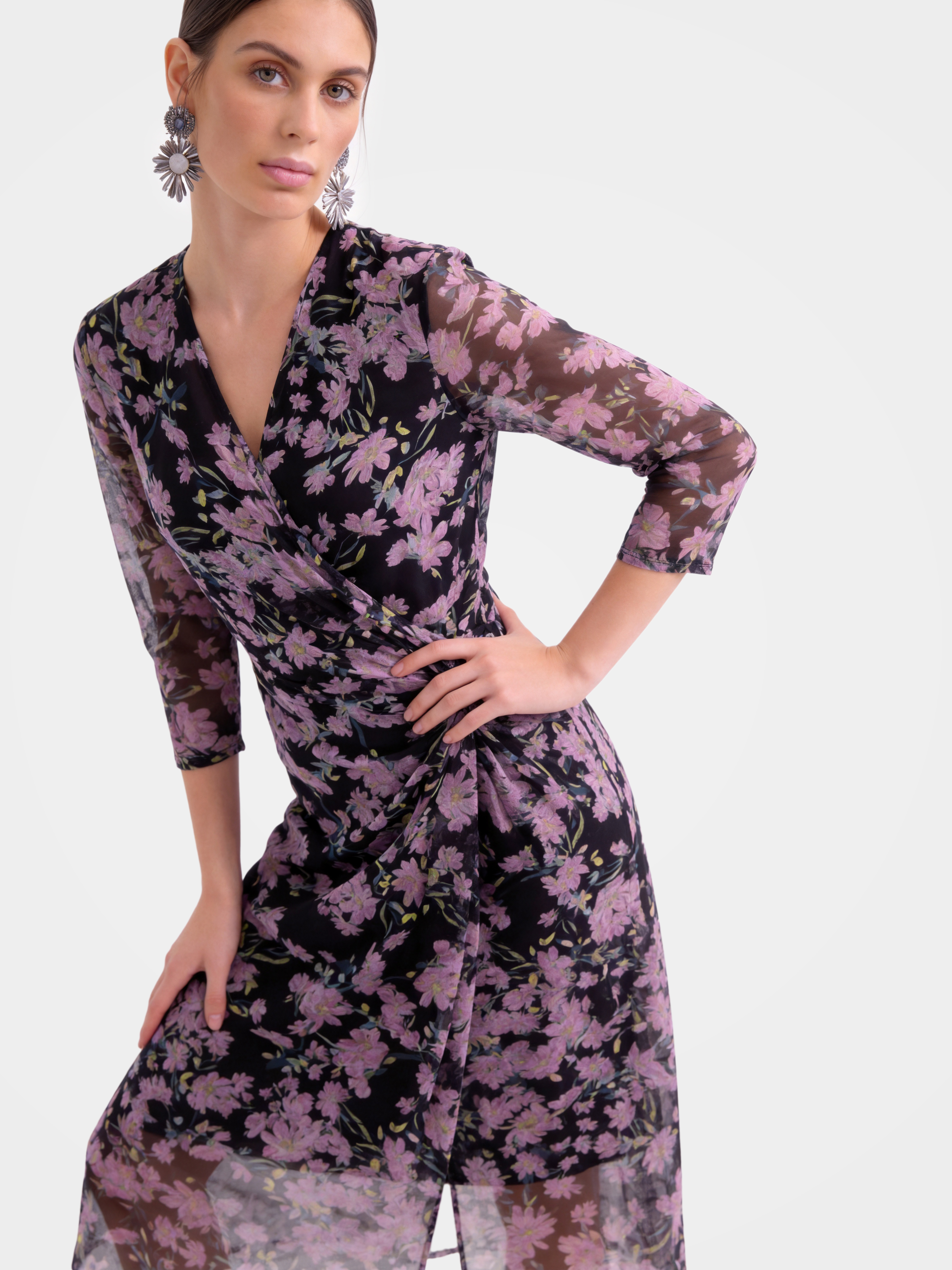 Lightweight 100% Mulberry Silk Floral Wrap Midi Dress