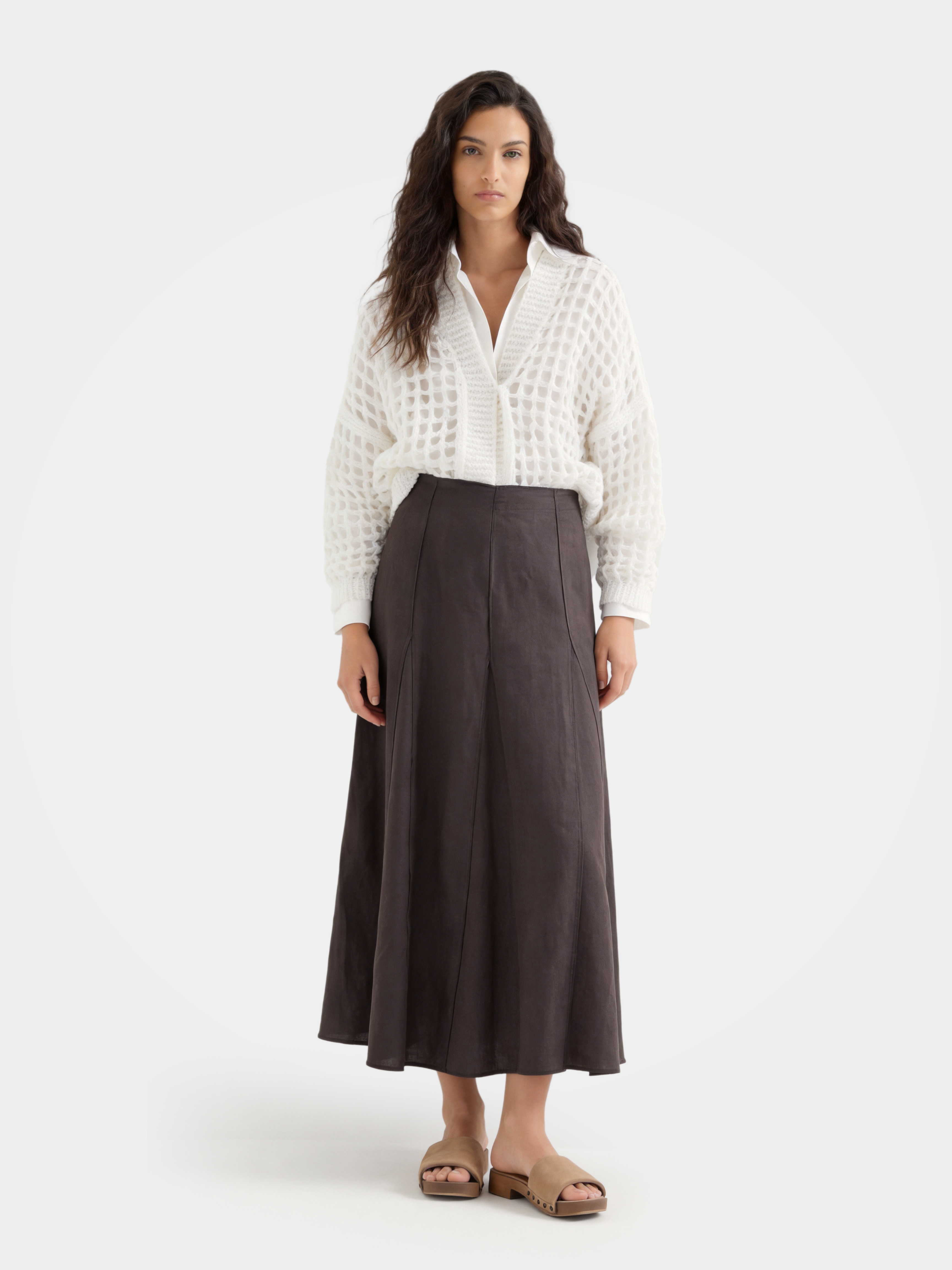 Brown Linen Classic Midi Skirt