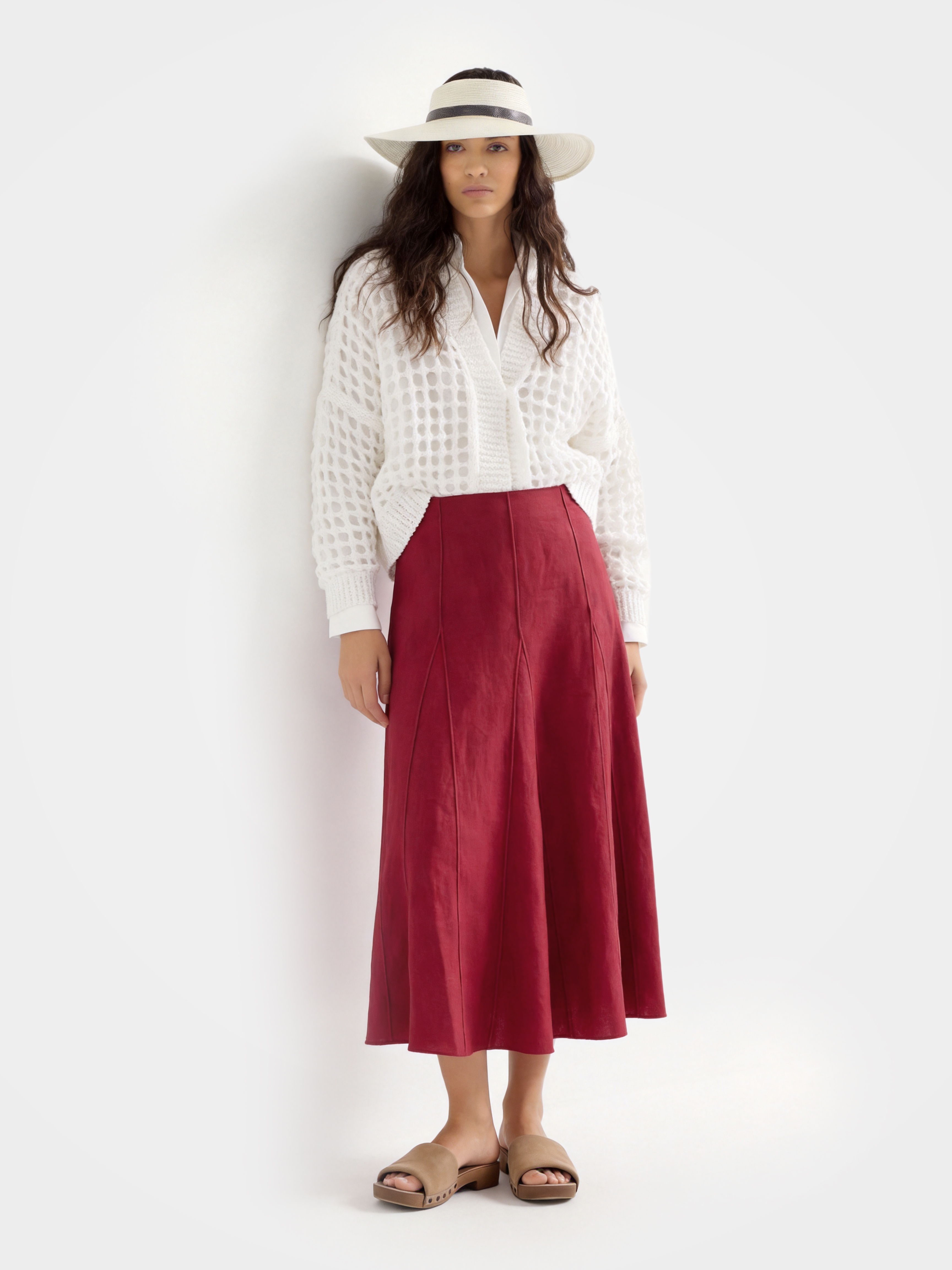 Red Linen Classic Midi Skirt
