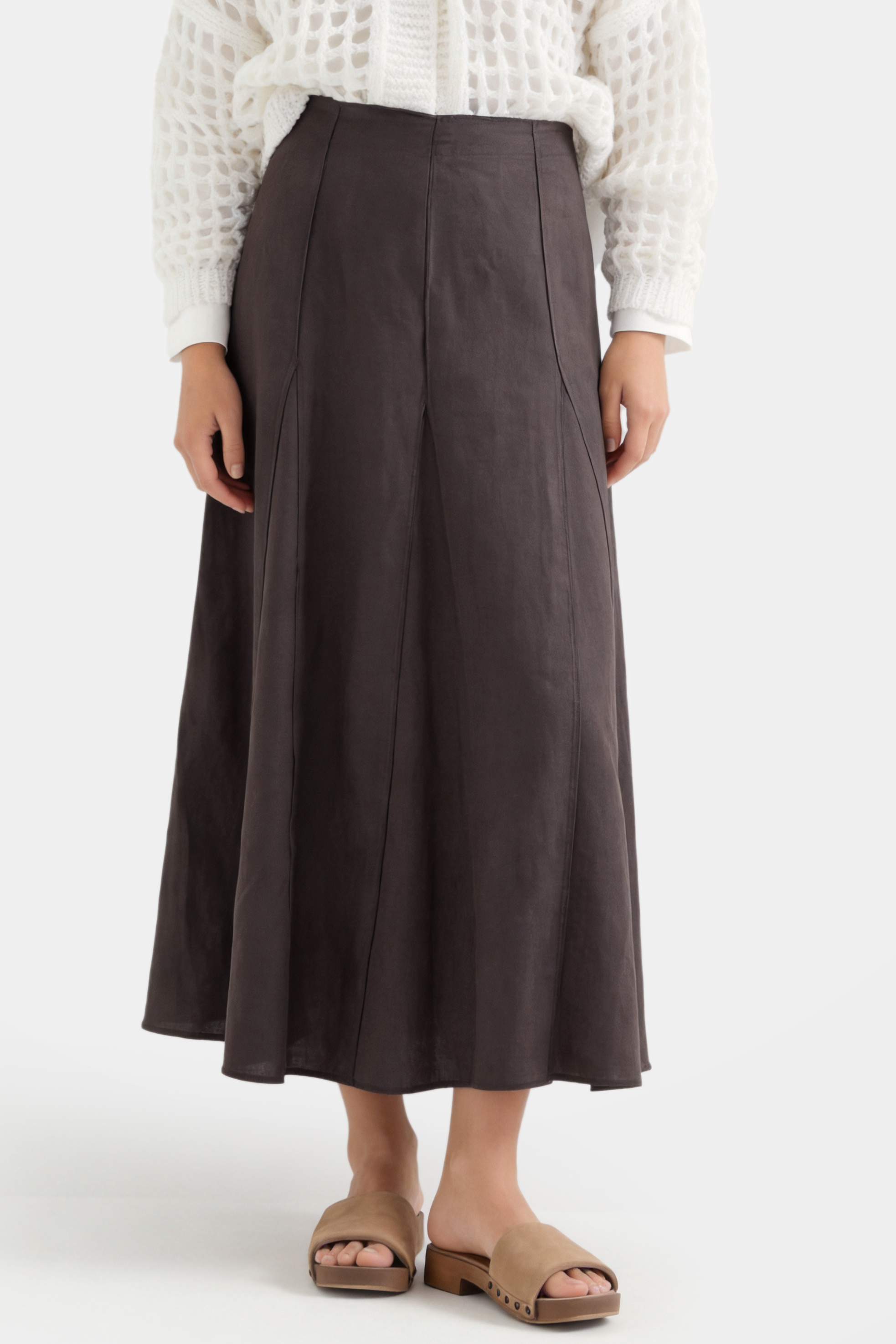 Brown Linen Classic Midi Skirt | Breathable Summer Skirt