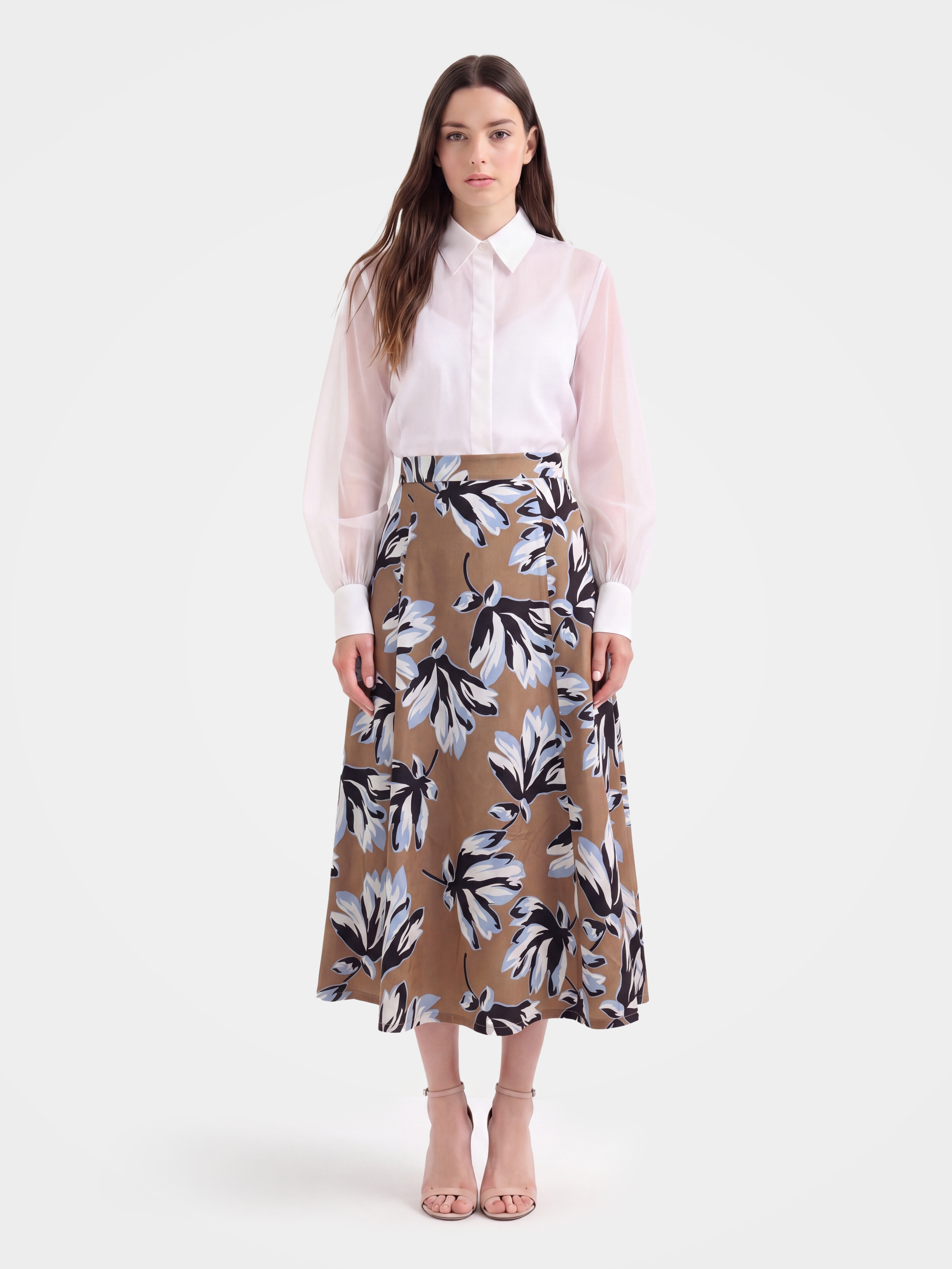 Brown Mulberry Silk Floral Printed Midi Skirt