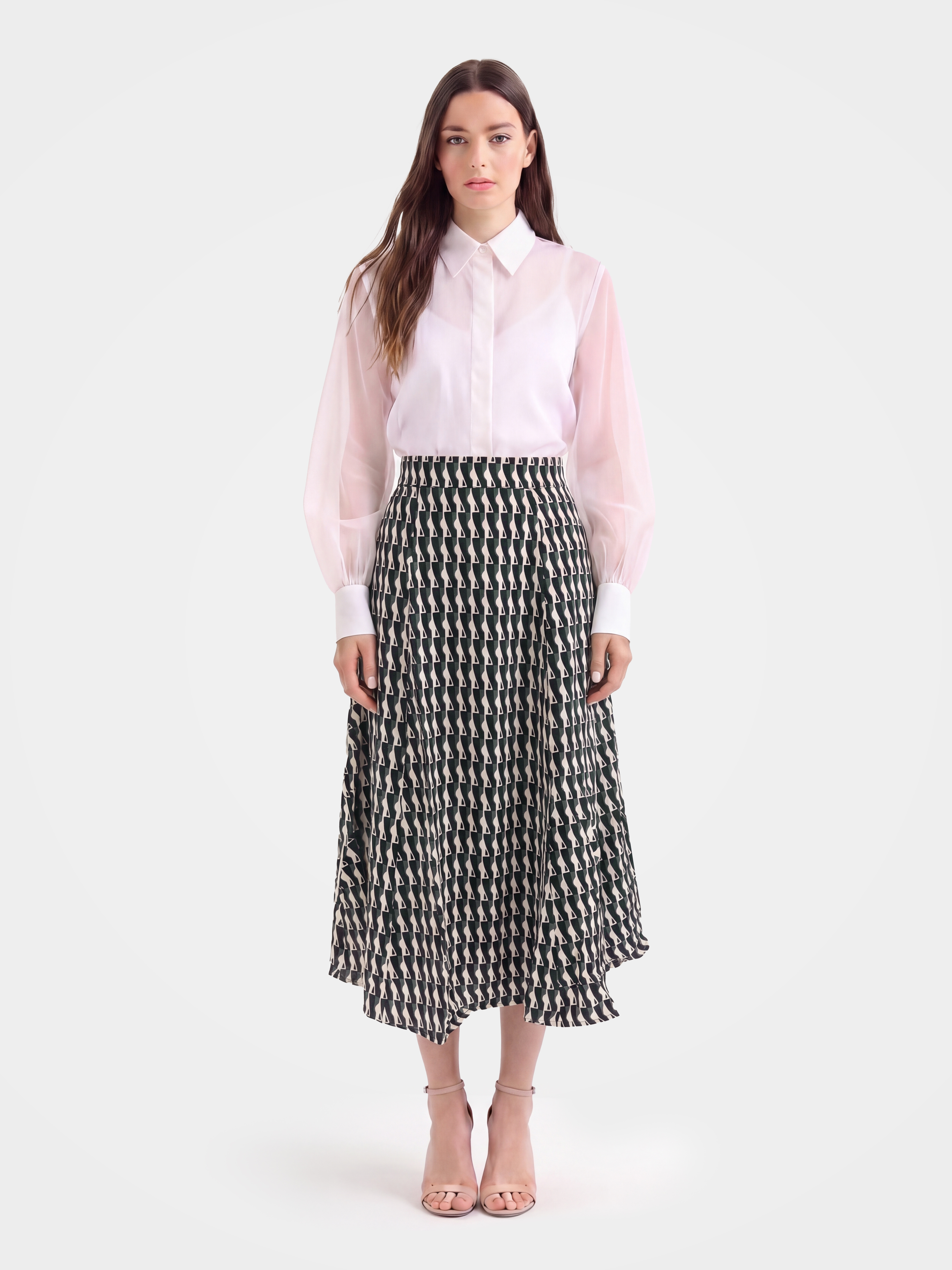 Black Mulberry Silk Geometry Printed Midi Skirt