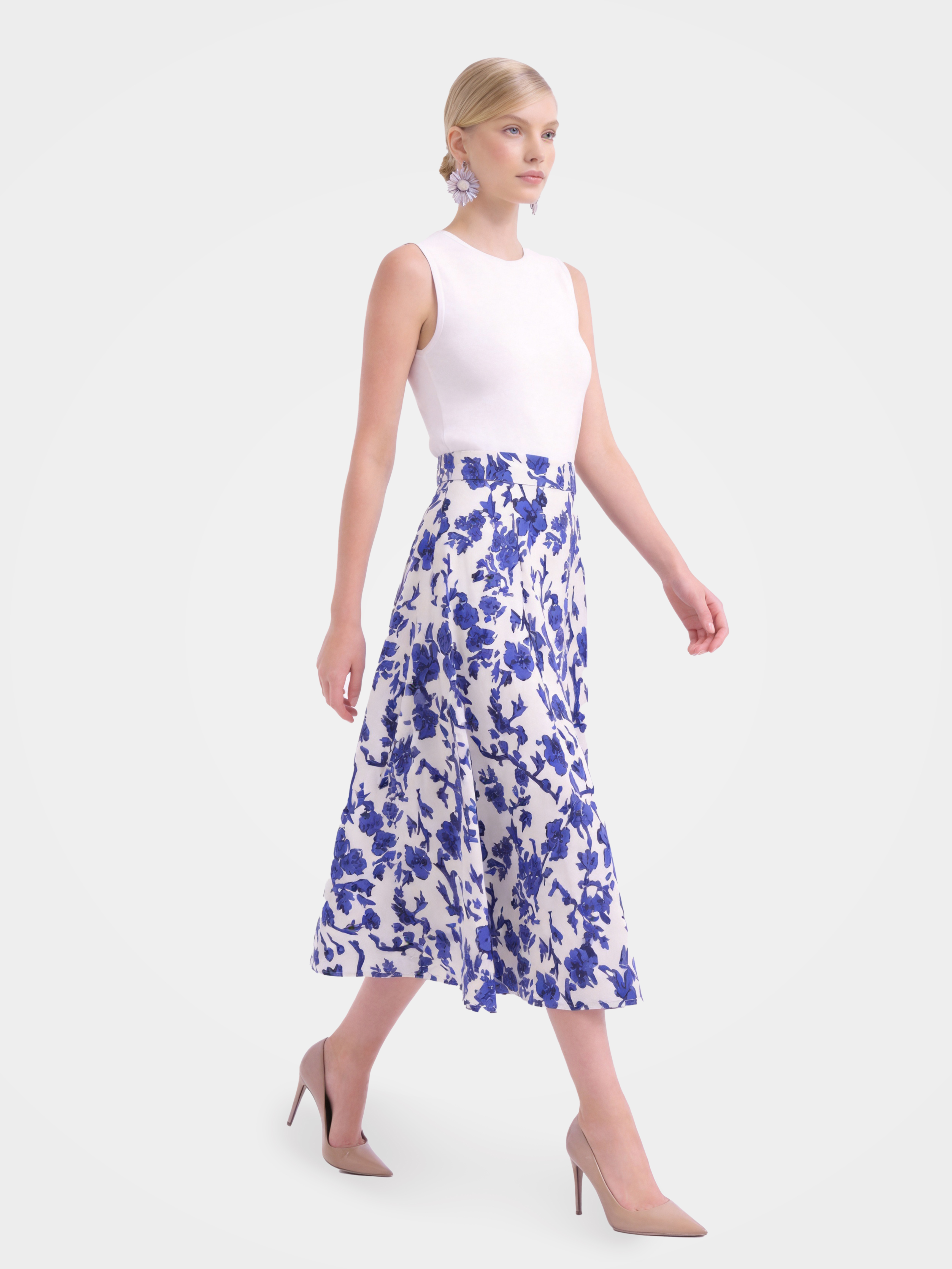 Blue Mulberry Silk Floral Printed Midi Skirt