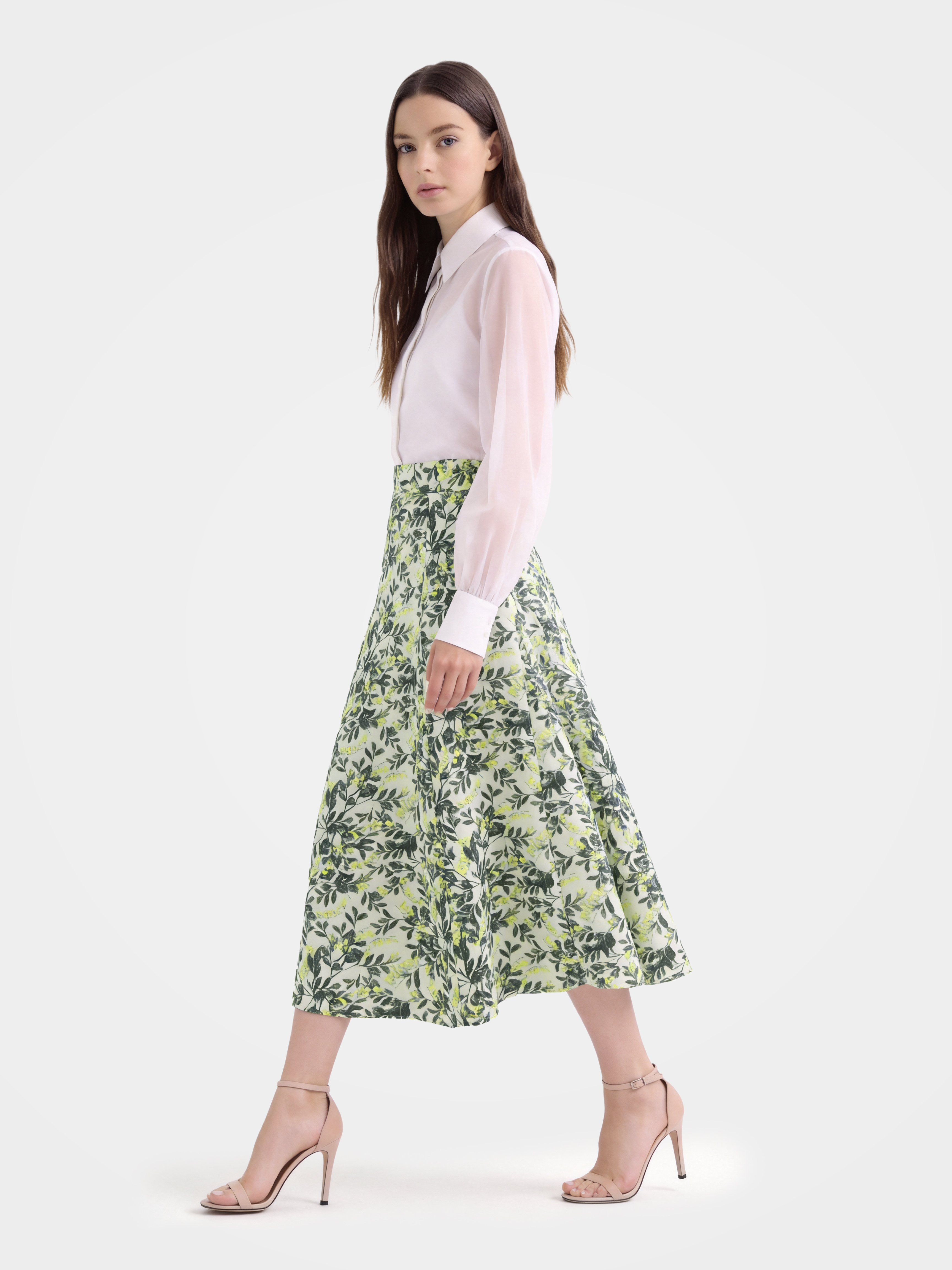 Green Mulberry Silk Floral Printed Midi Skirt