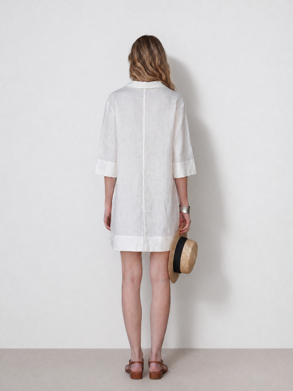 White Linen 3/4 Sleeve Midi Dress