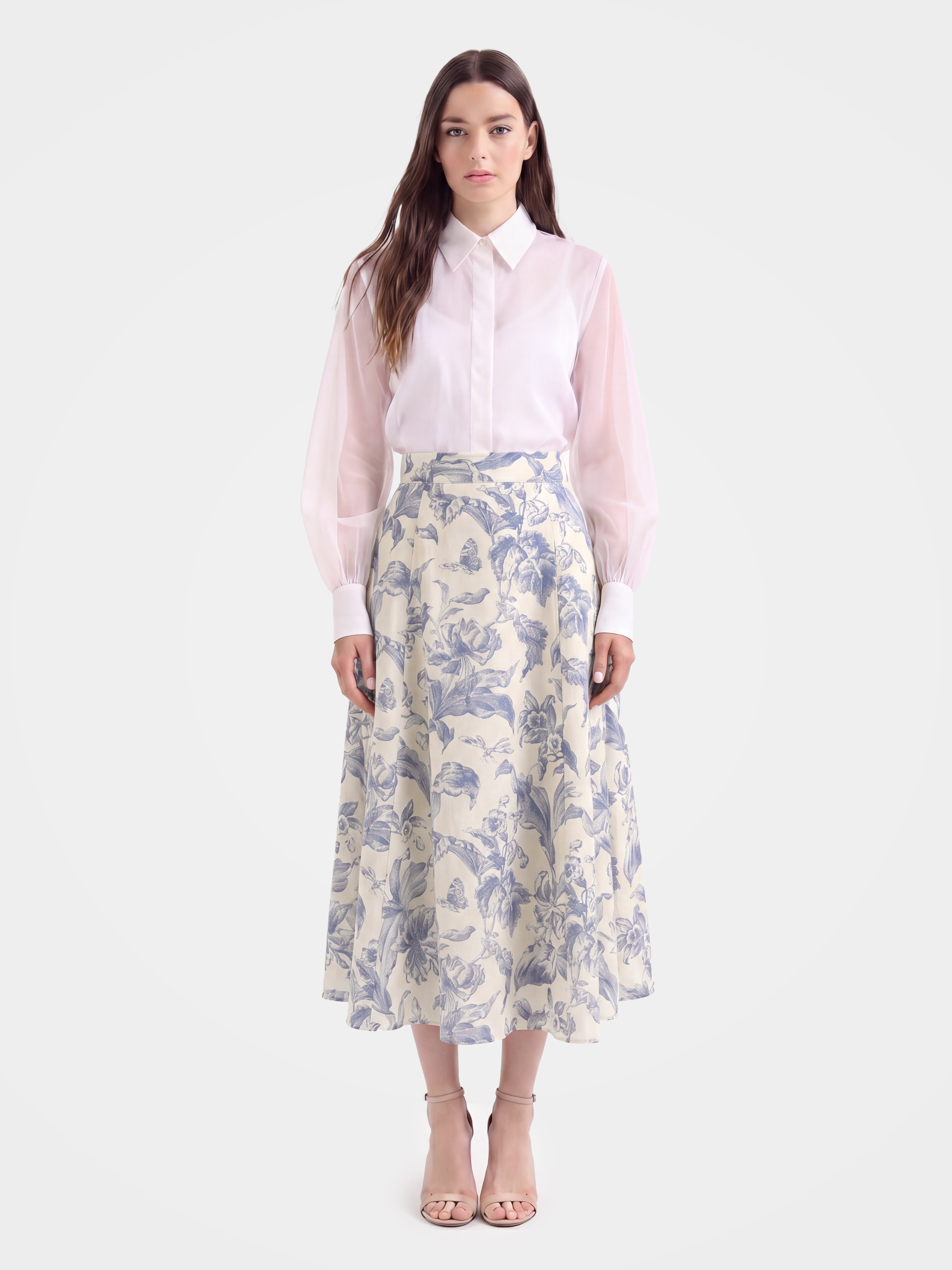 Biege Lyocell Silk Floral Printed Midi Skirt