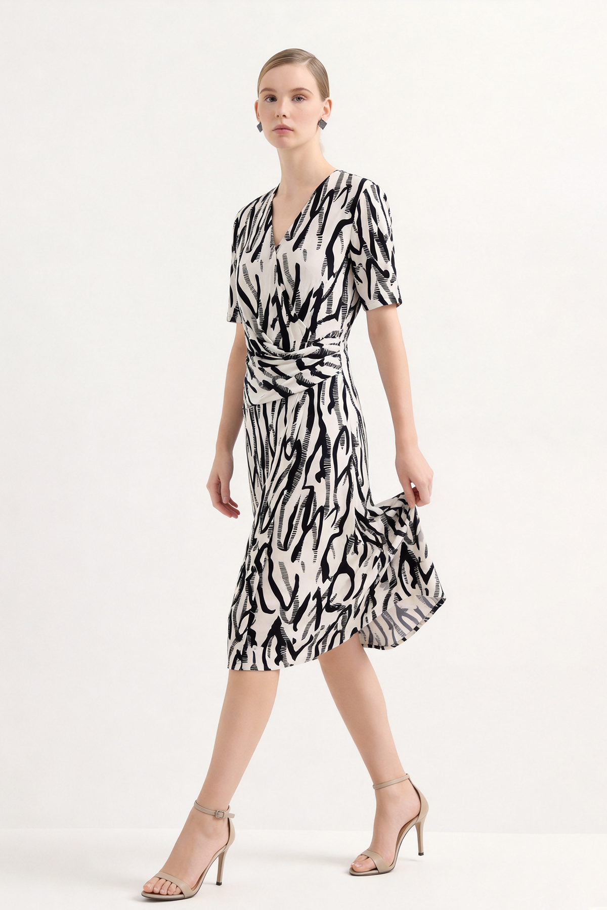 Black Silk Print Knee Length Wrap Dress