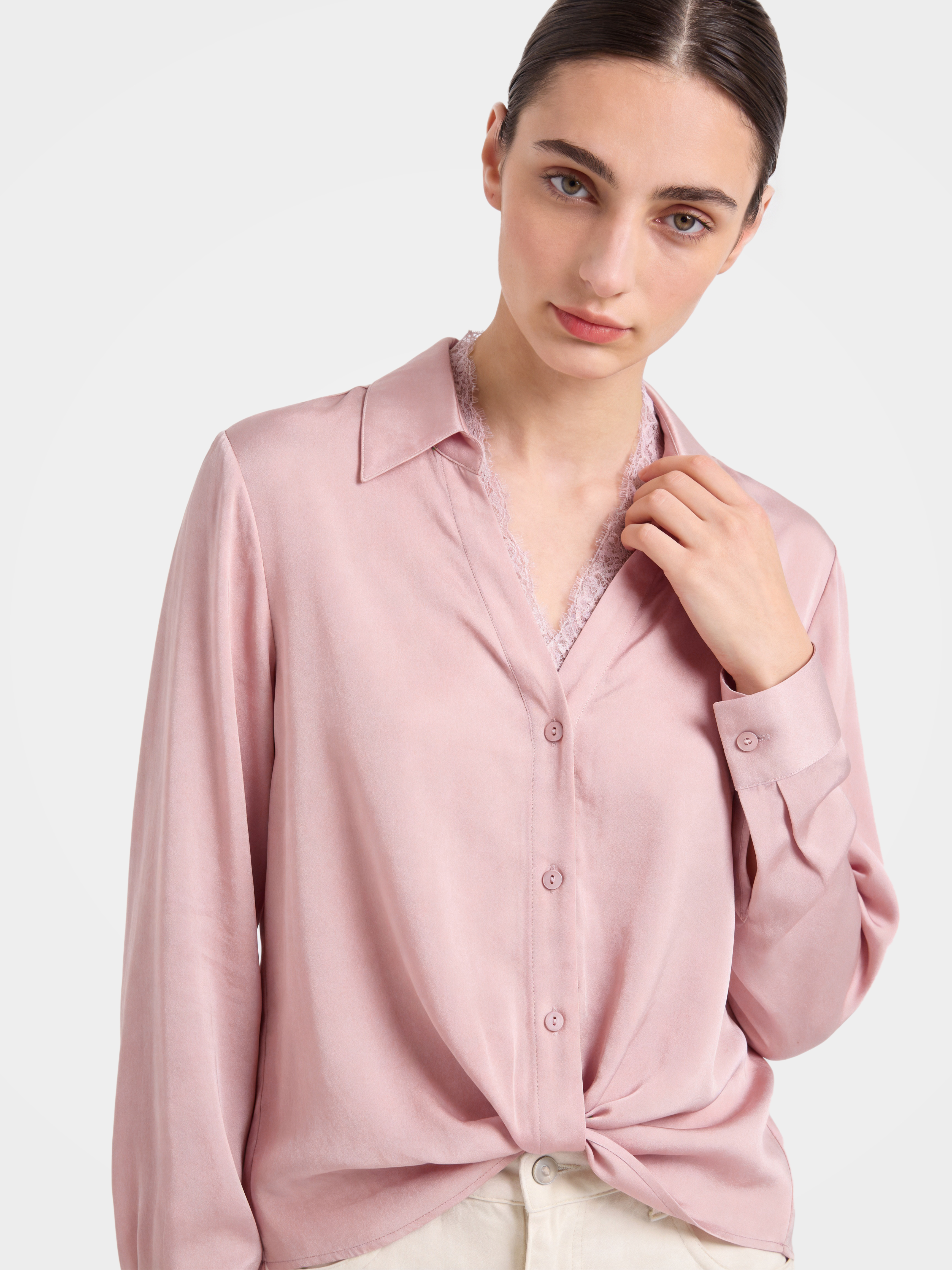 Smooth Mulberry Silk Lace Trim Button Shirt