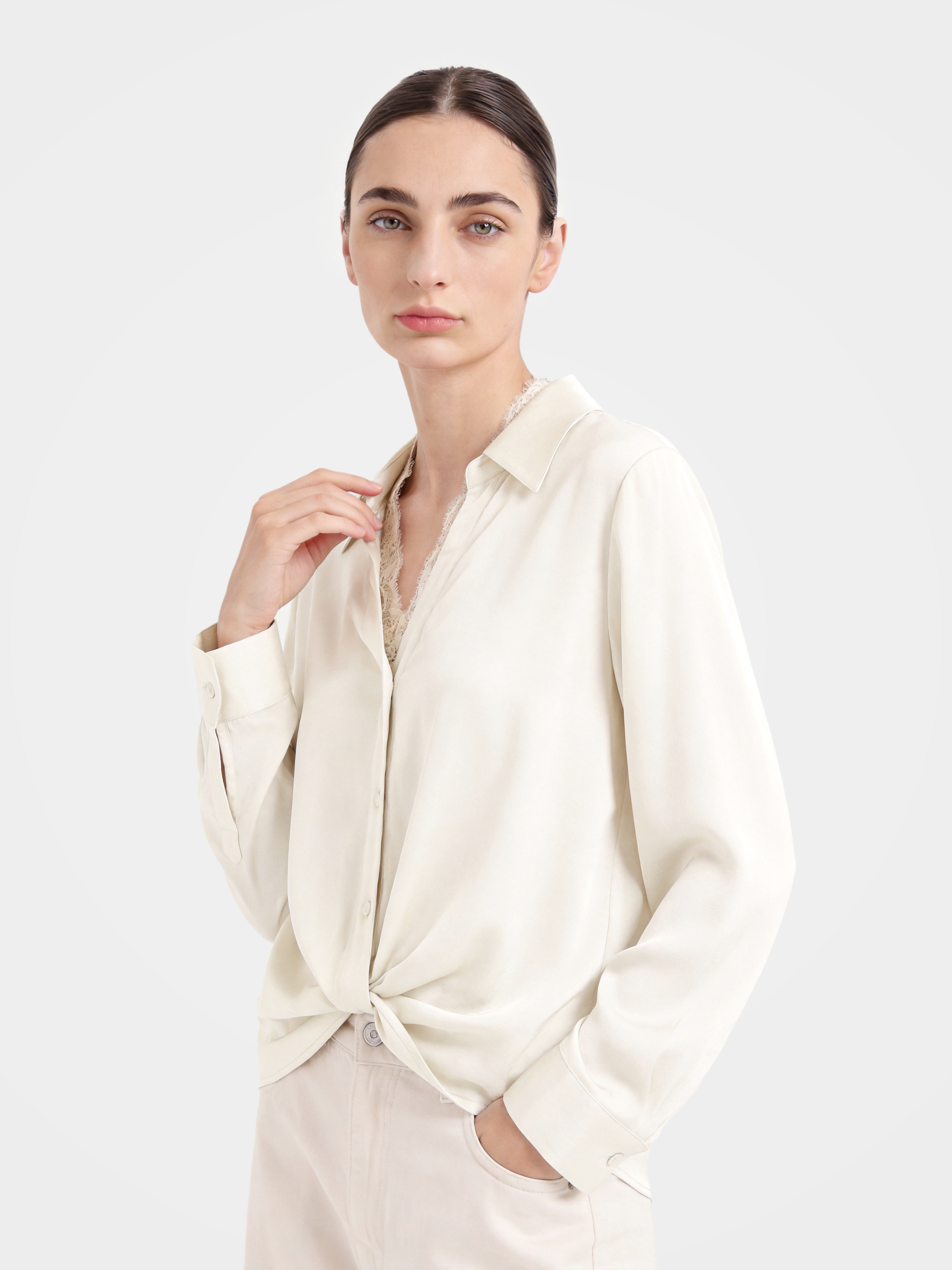 Smooth Mulberry Silk Lace Trim Button Shirt