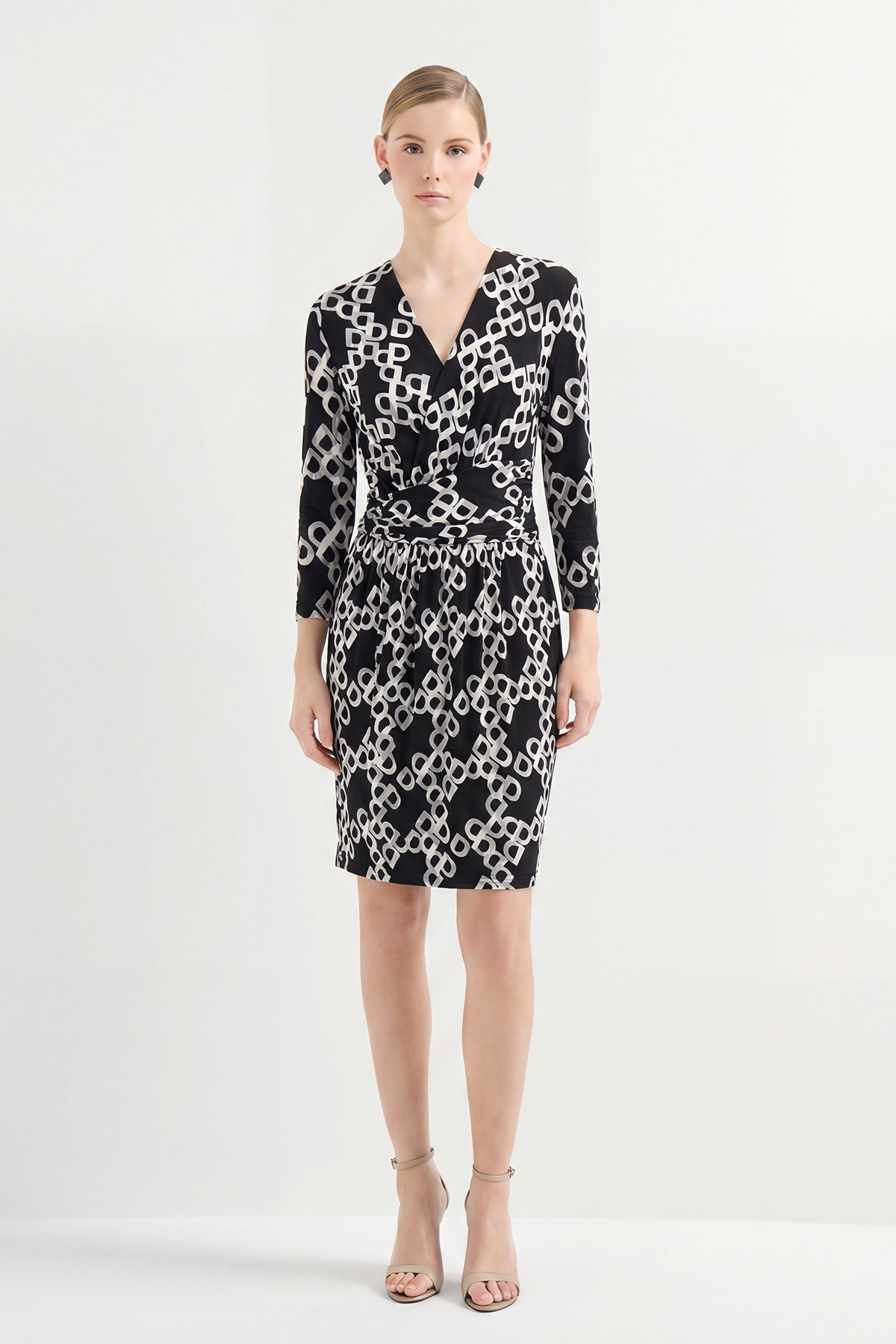 Beige Silk Print Midi Dress with Crew Neck